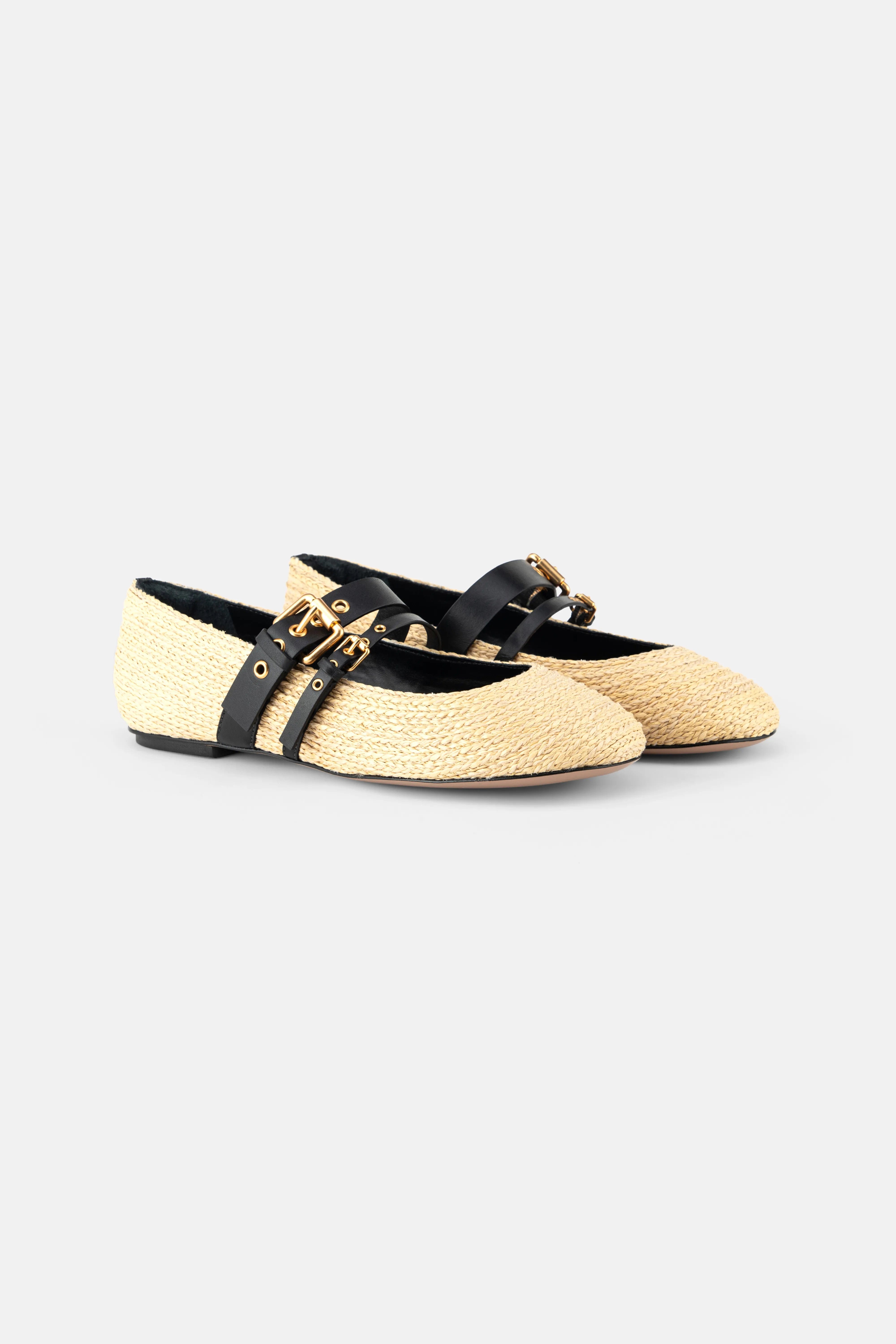 FARM RIO Raffia Gold Buckle Ballerina Flats in Black