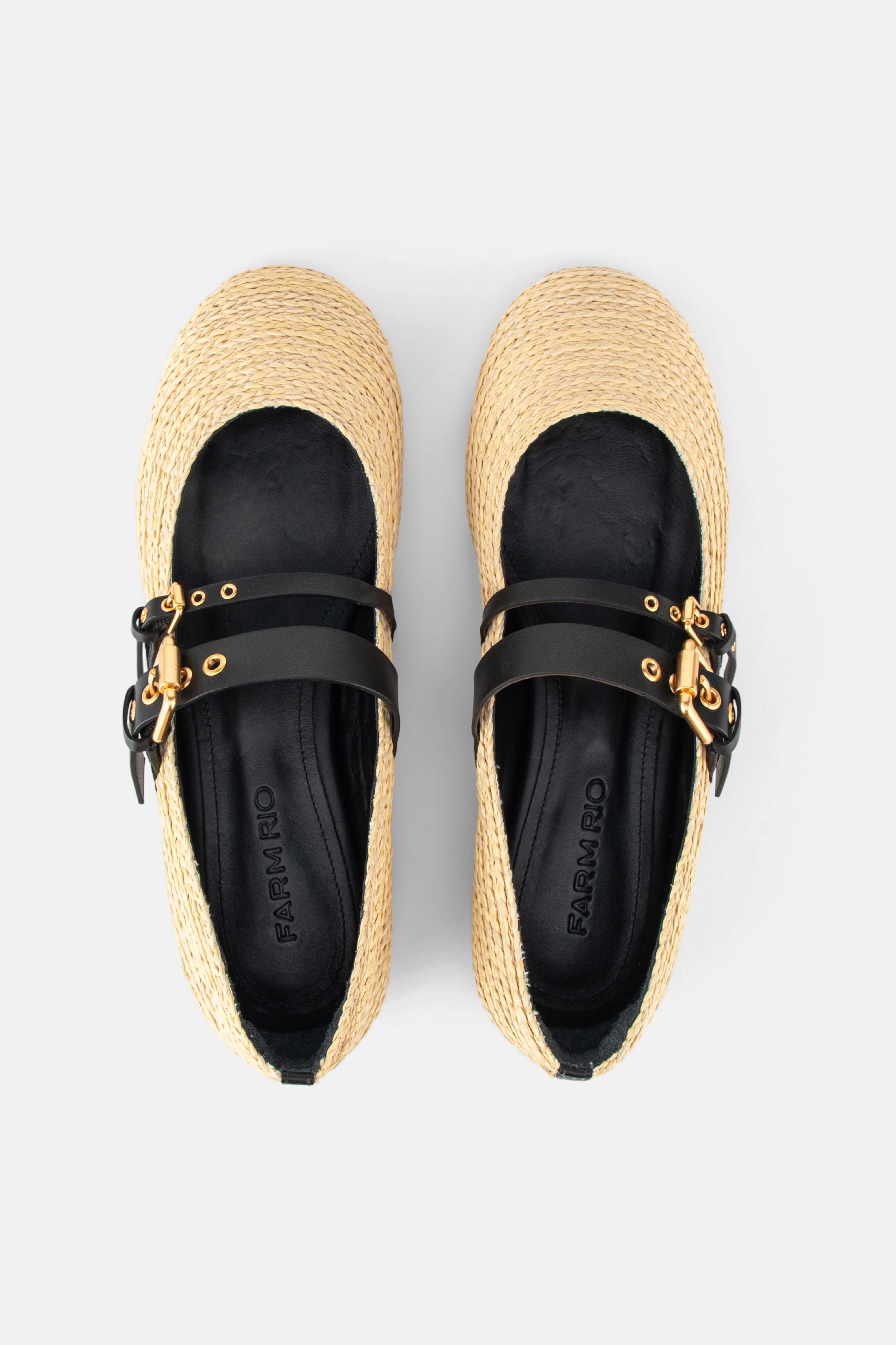 FARM RIO Raffia Gold Buckle Ballerina Flats in Black