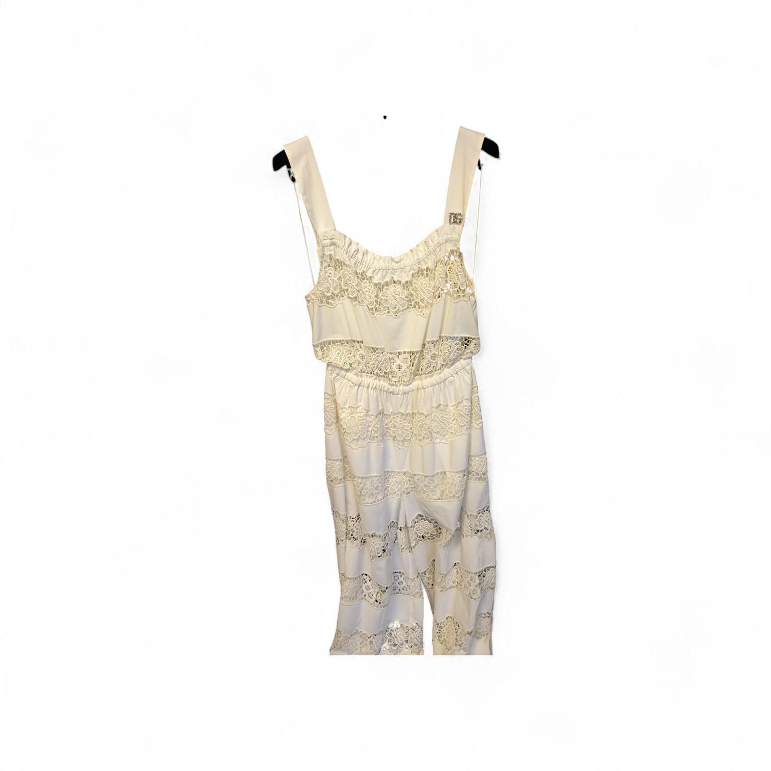 Dolce & Gabbana White Lace Strappy Jumsuit With DG Logo Silver Brooch DG4146B