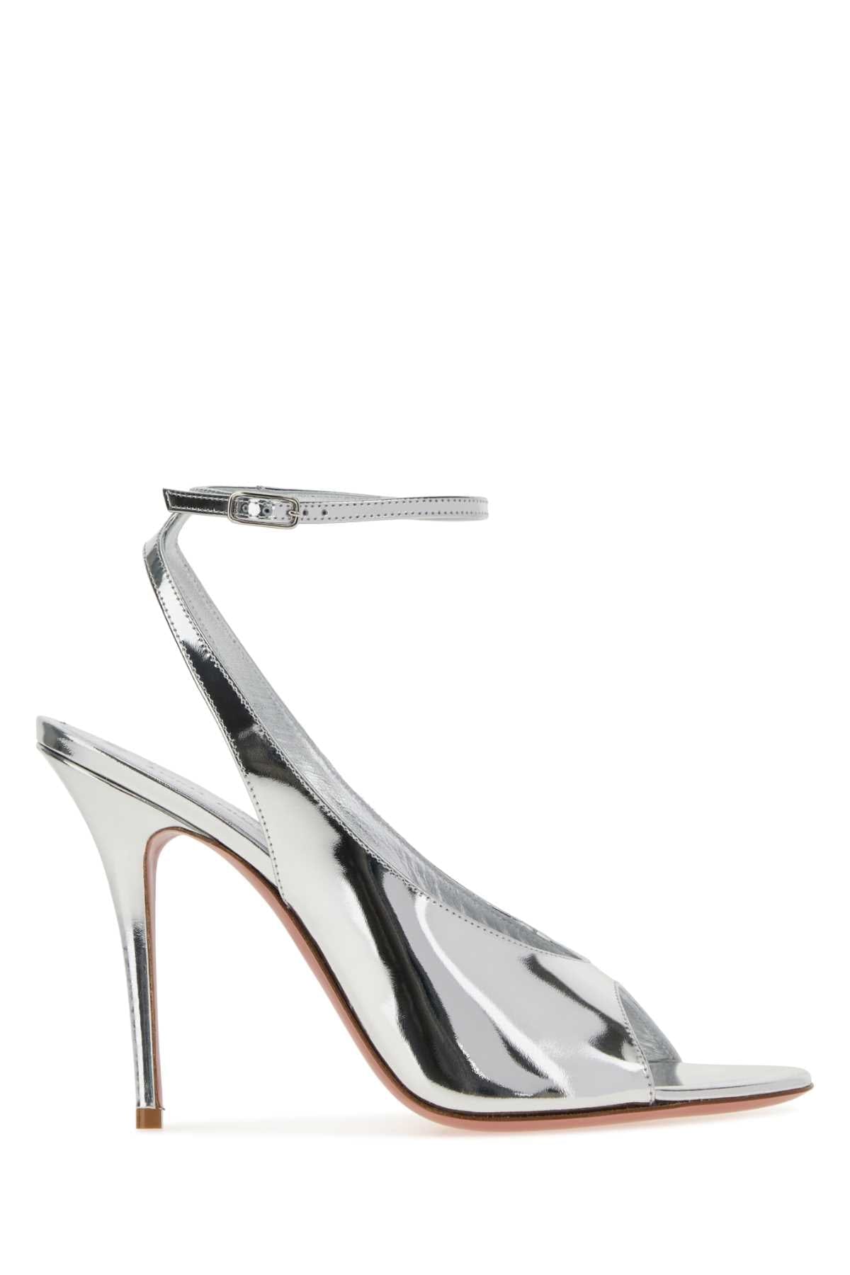 Amina Muaddi Mirrored Leather Ankle - Strap Heel — Silver