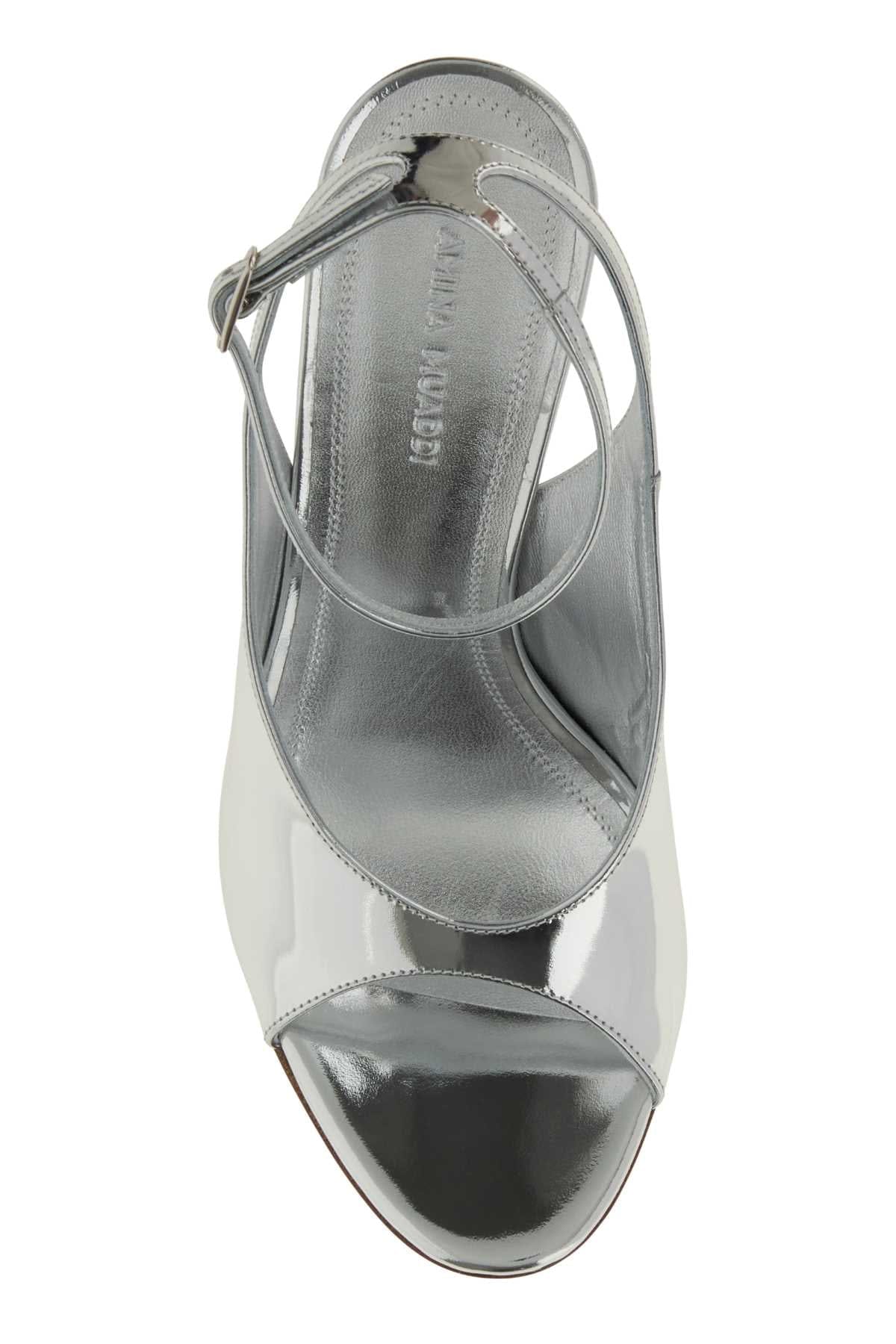 Amina Muaddi Mirrored Leather Ankle - Strap Heel — Silver
