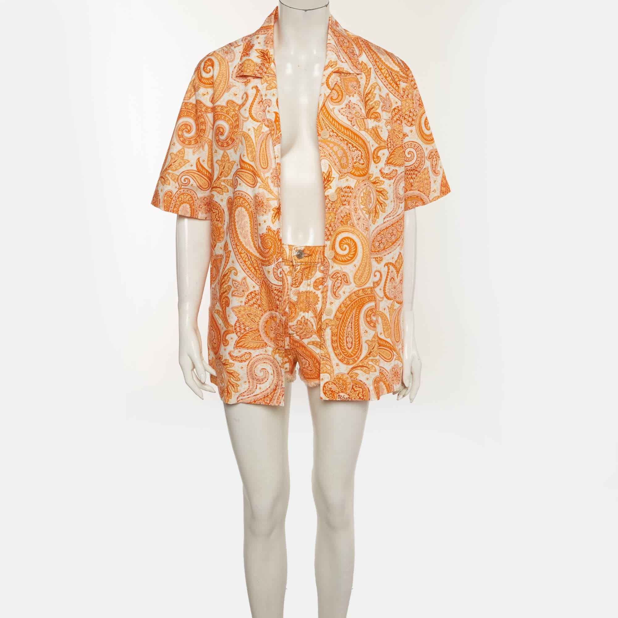 Etro Orange Paisley Cotton Shirt And Shorts Sets