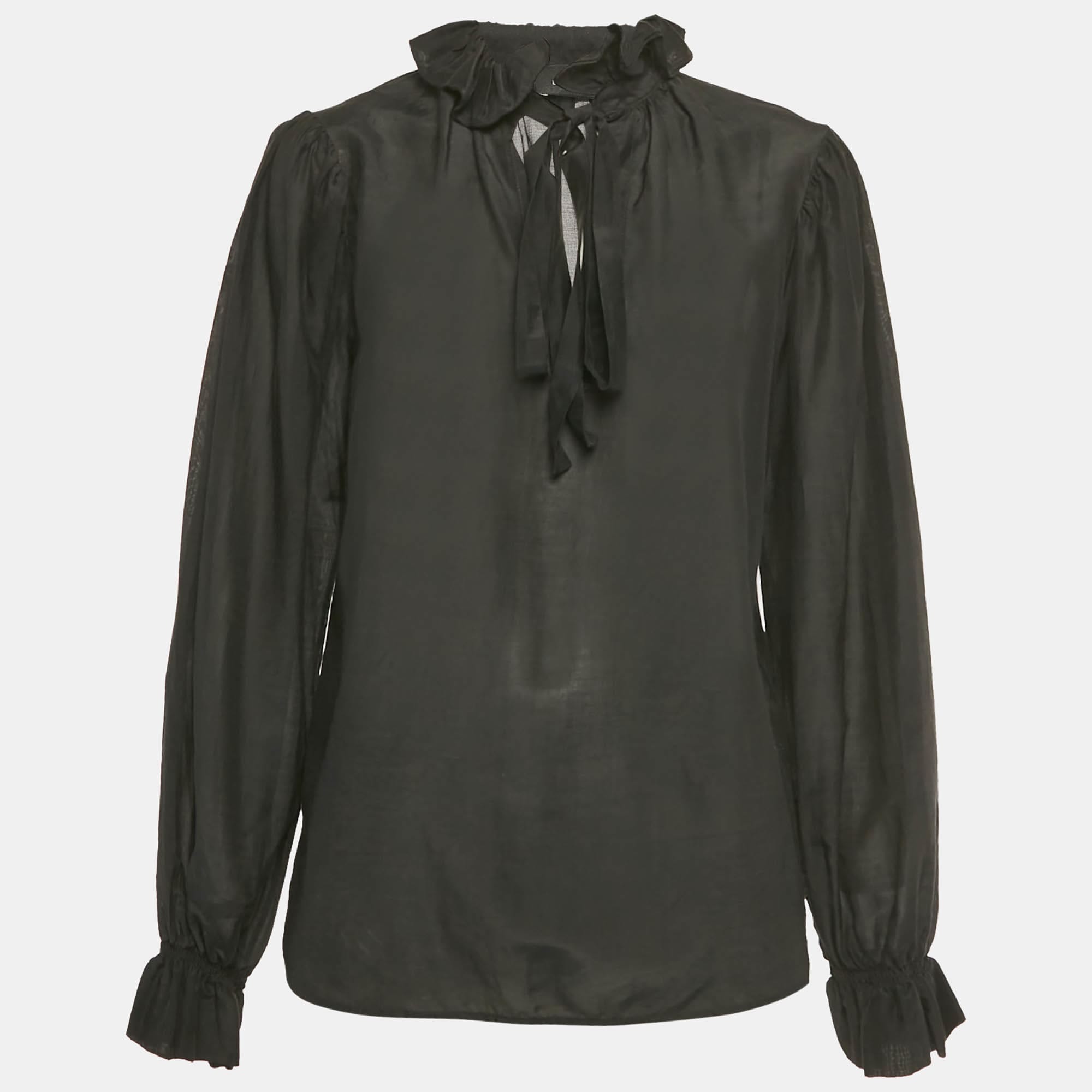Etro Black Cotton & Silk Ruffled Blouse