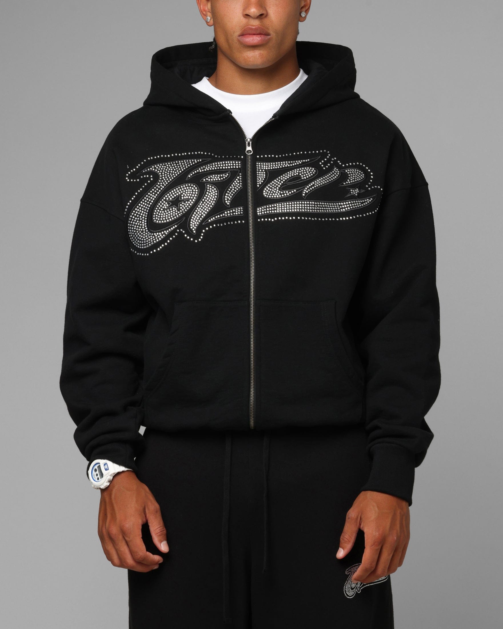 Loiter Silicone Rhinestone Zip Hoodie Black