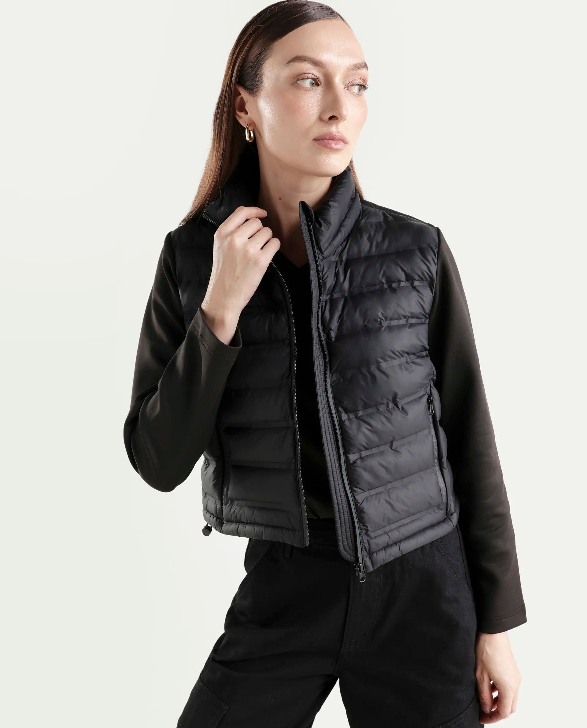 Rareism Women's Zarcru Black Nylon High Collar Regular Plain Jacket