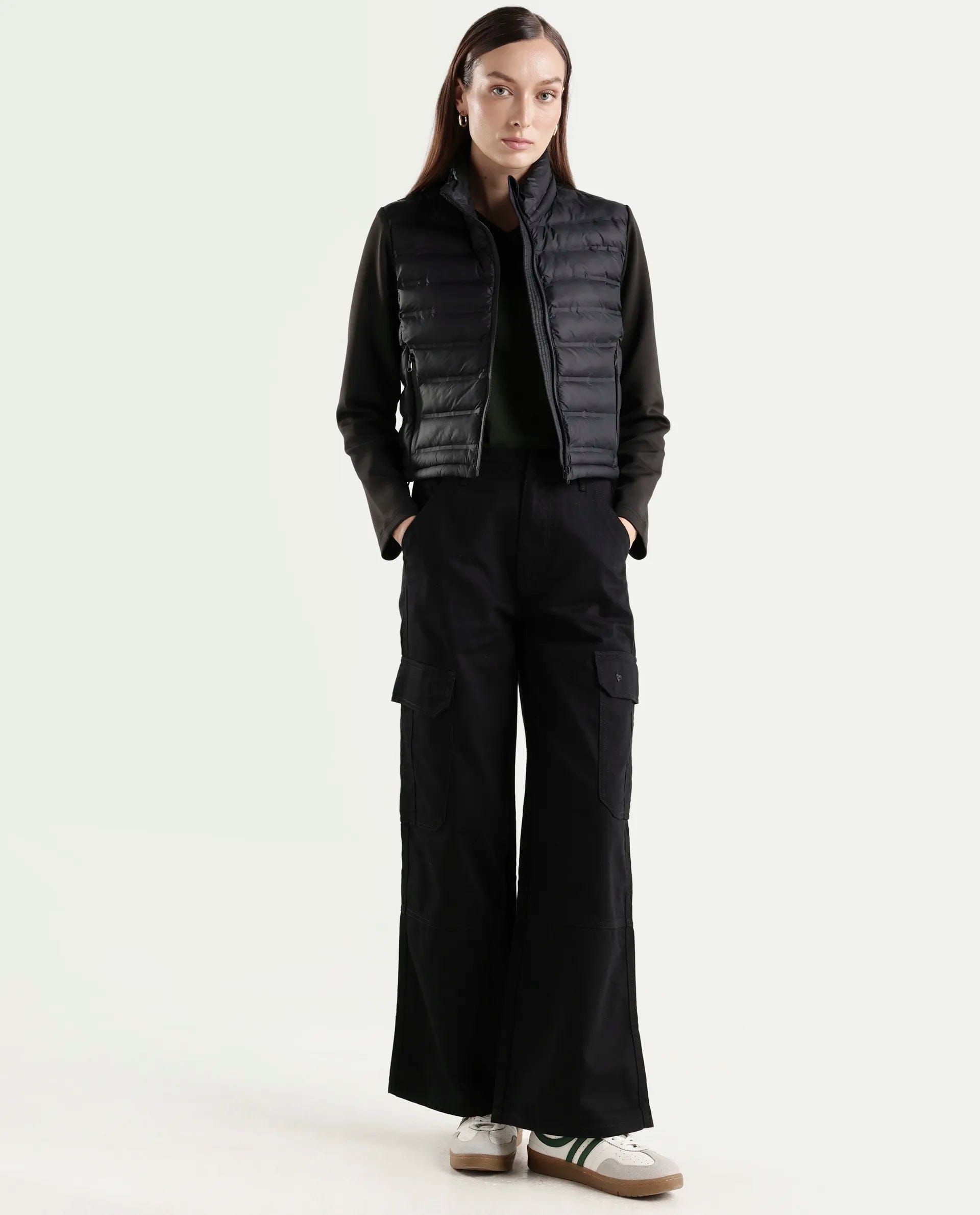 Rareism Women's Zarcru Black Nylon High Collar Regular Plain Jacket