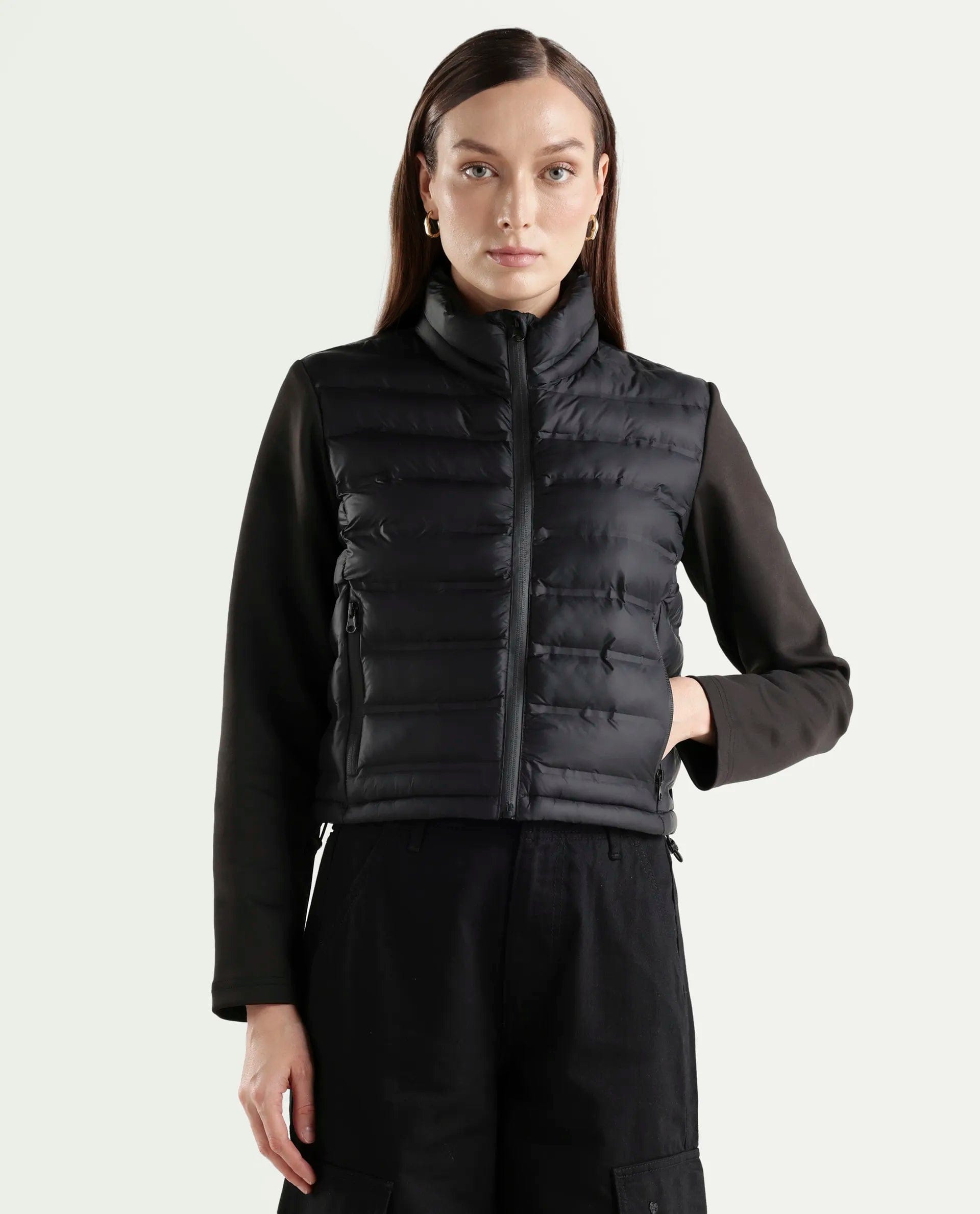 Rareism Women's Zarcru Black Nylon High Collar Regular Plain Jacket