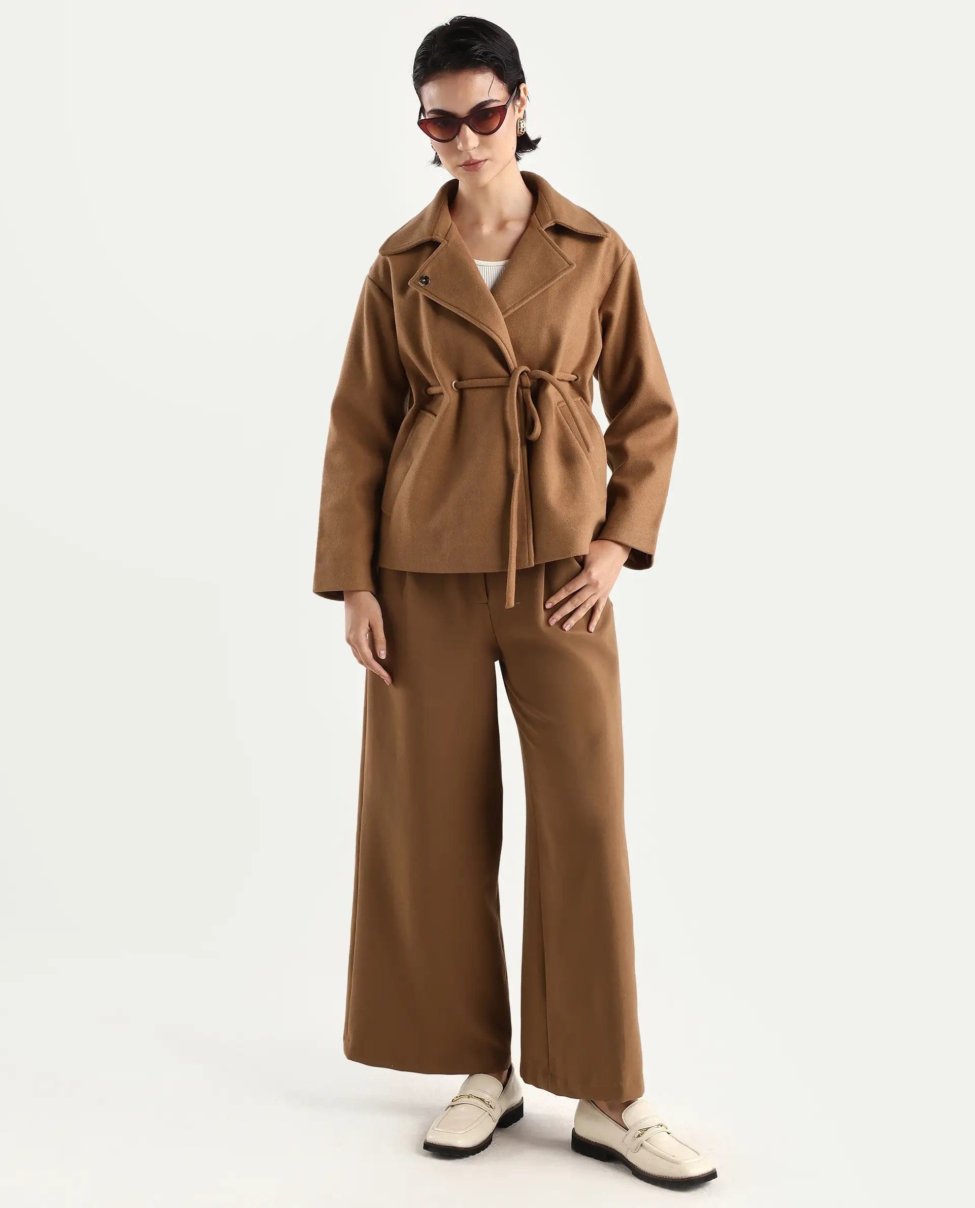 Rareism Women's Nittiz Tan Polyester Blend Spread Collar Regular Fit Jacket