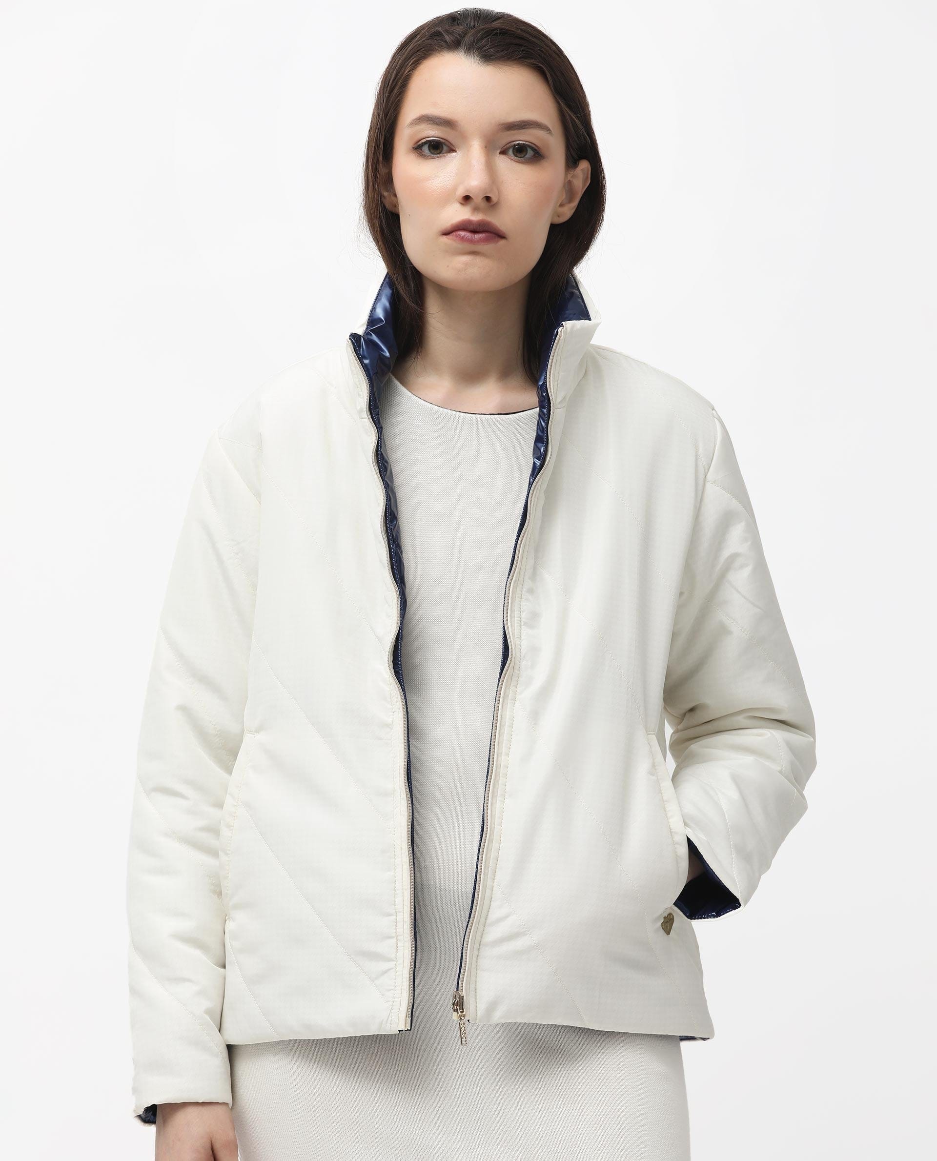 Rareism Women's Sapel Off White Polyester High Neck Plain Regular Fit Jacket