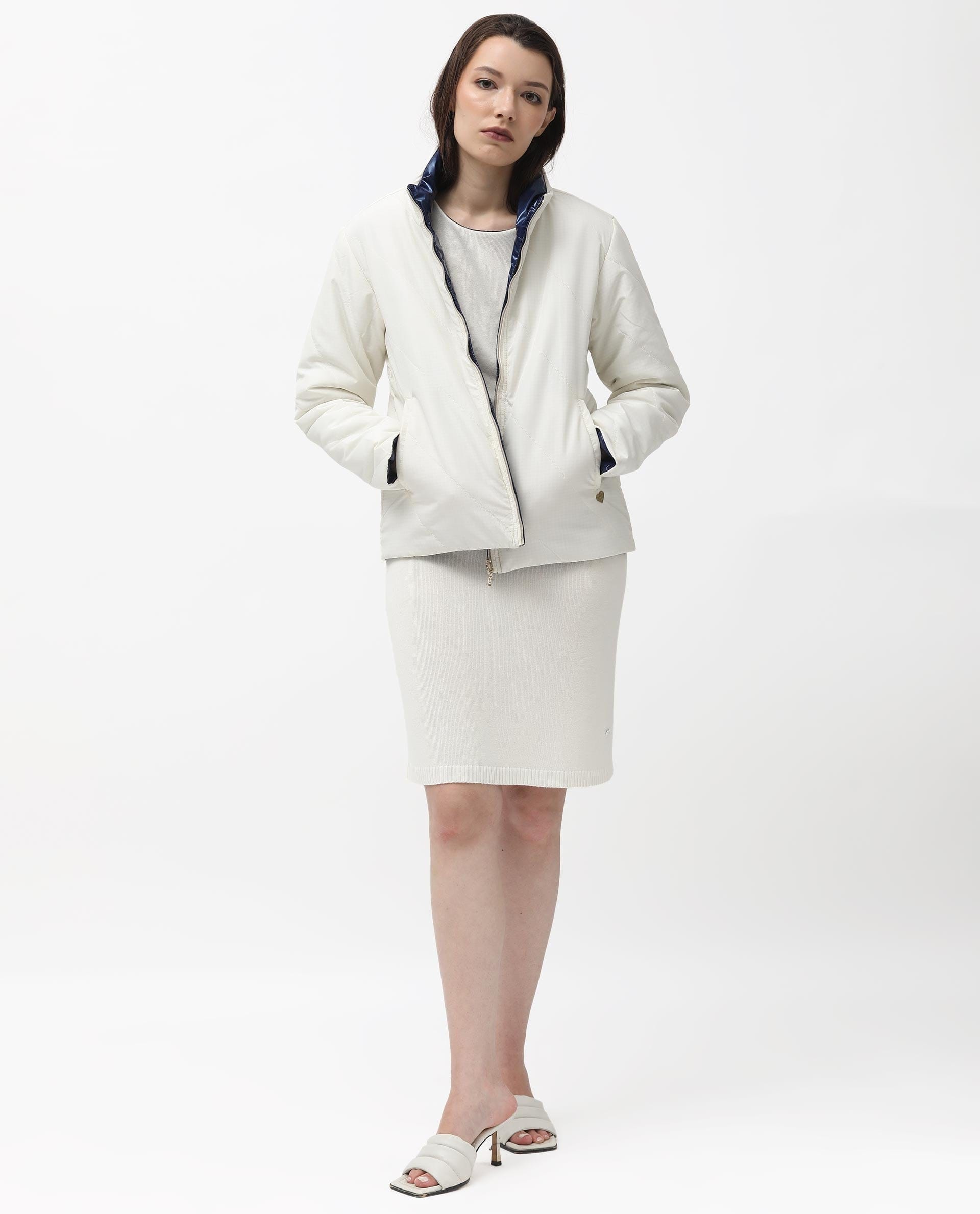 Rareism Women's Sapel Off White Polyester High Neck Plain Regular Fit Jacket