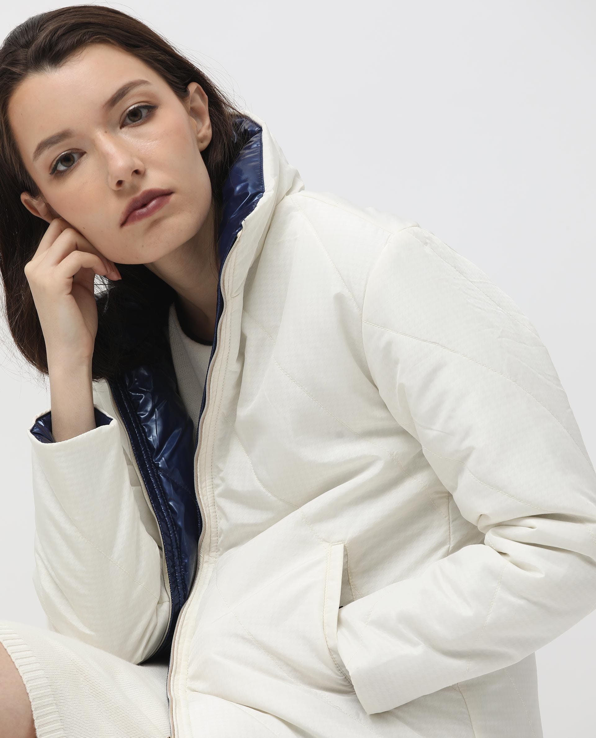 Rareism Women's Sapel Off White Polyester High Neck Plain Regular Fit Jacket