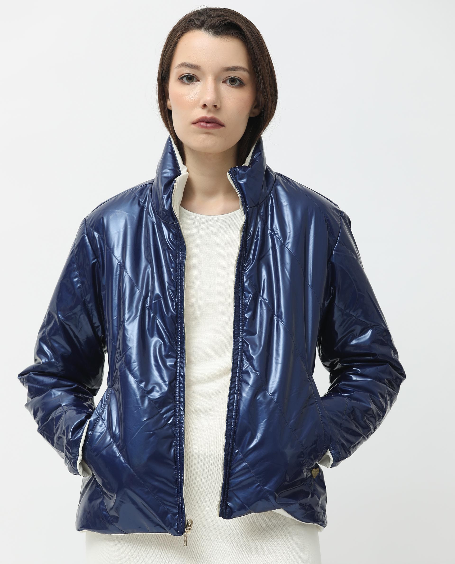 Rareism Women's Sapel Off White Polyester High Neck Plain Regular Fit Jacket