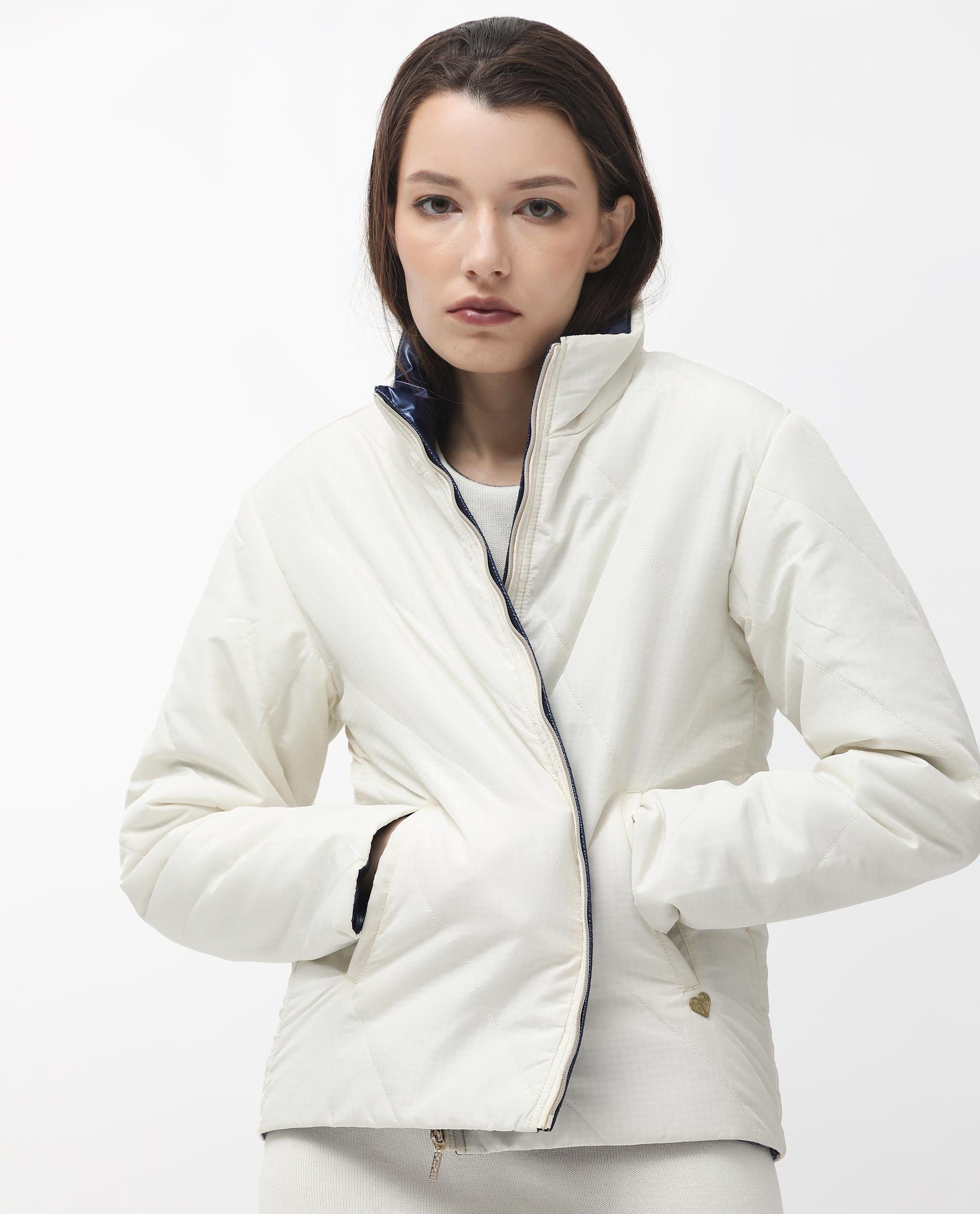 Rareism Women's Sapel Off White Polyester High Neck Plain Regular Fit Jacket