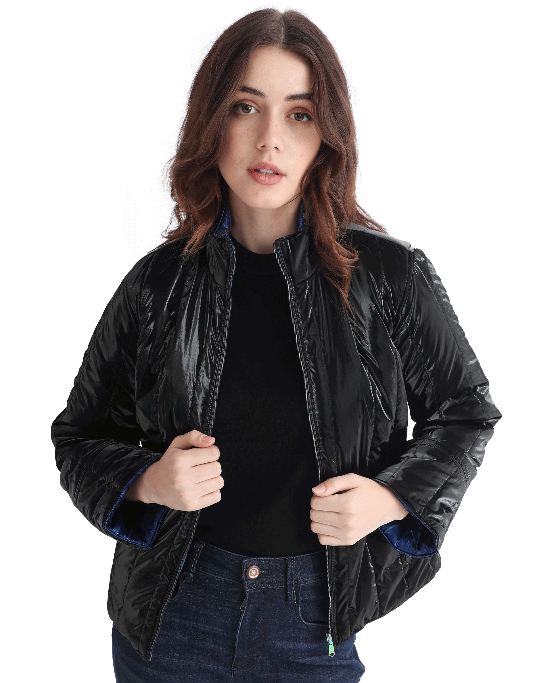 Rareism Women's Stein Navy Polyester Mandarin Collar Plain Regular Fit Jacket