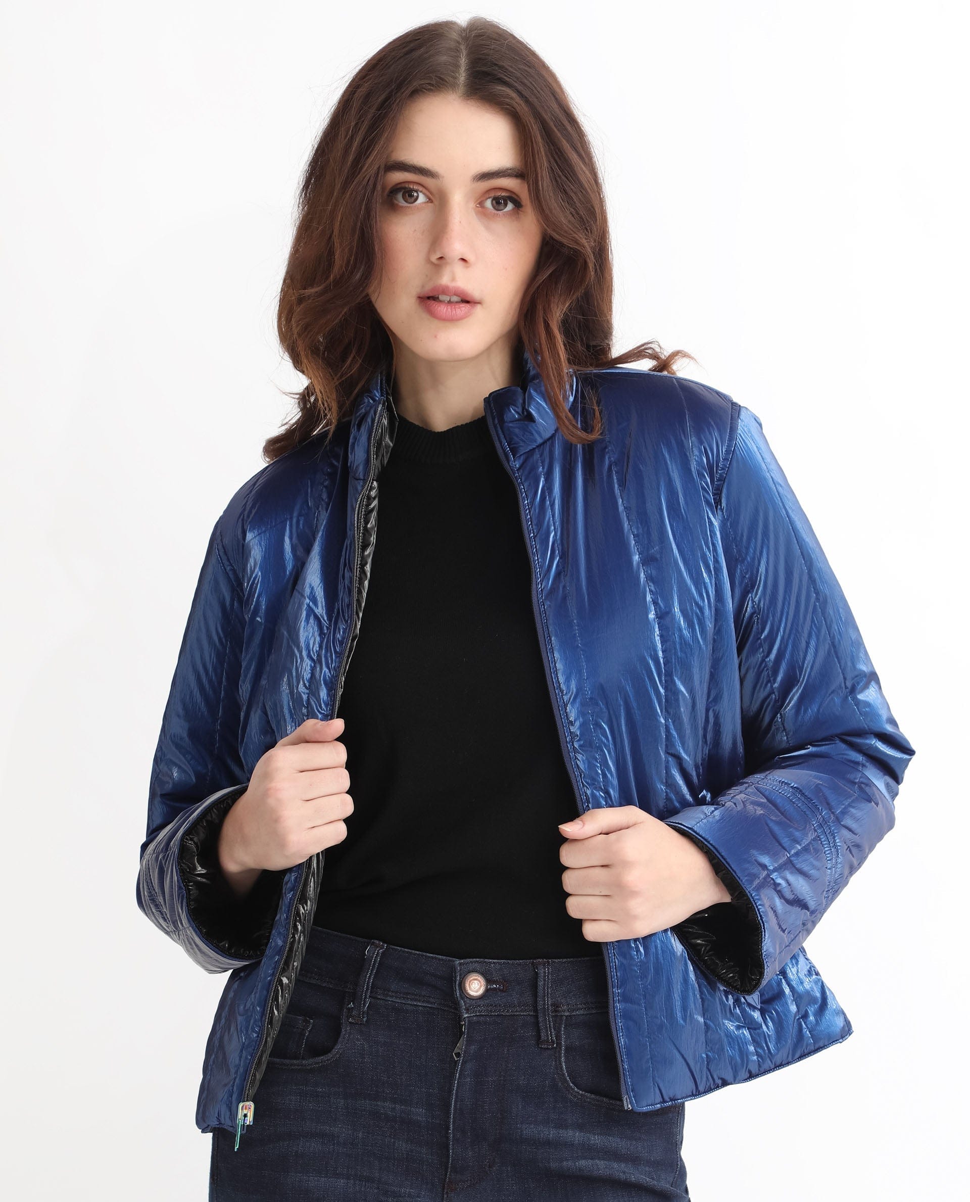 Rareism Women's Stein Navy Polyester Mandarin Collar Plain Regular Fit Jacket