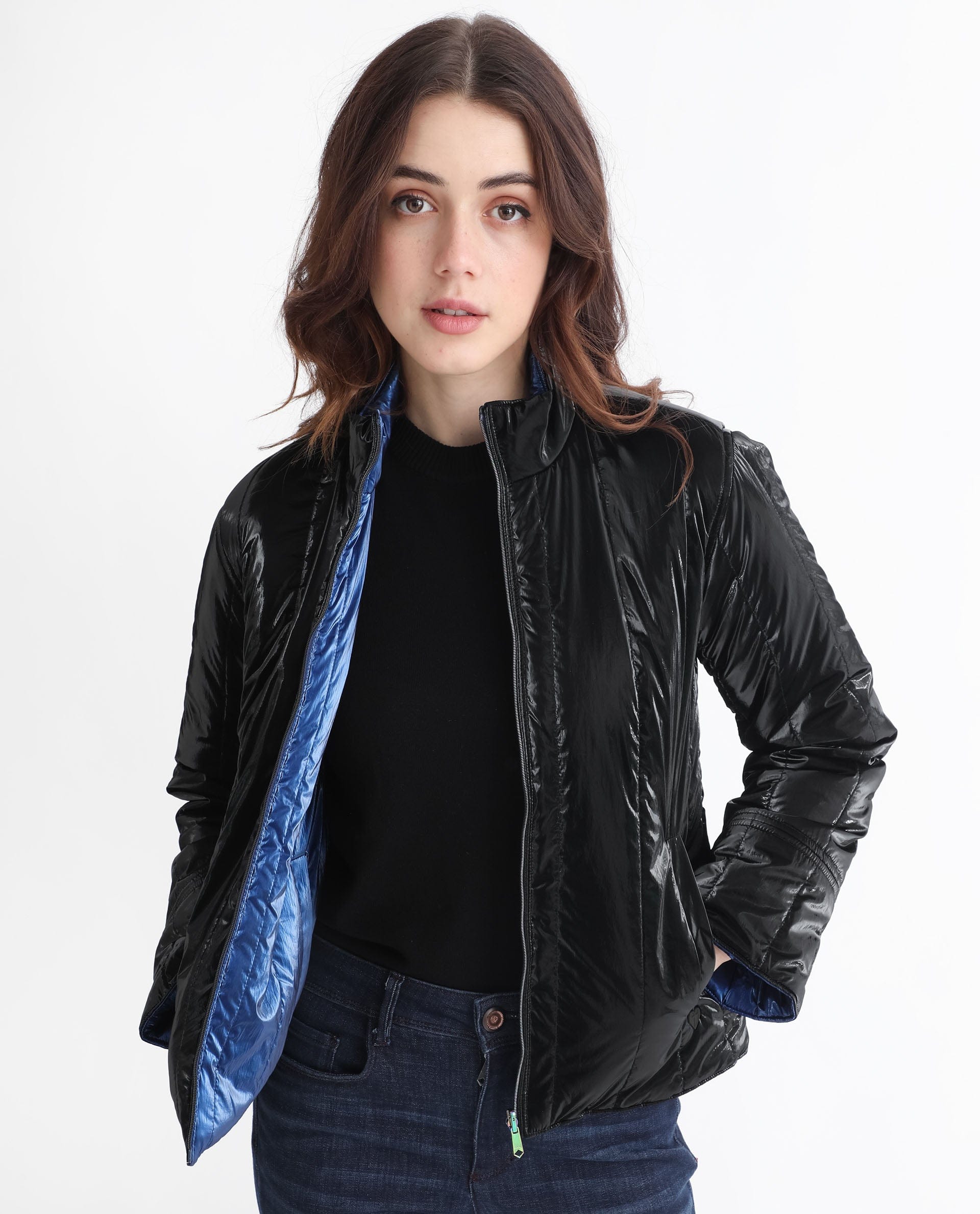 Rareism Women's Stein Navy Polyester Mandarin Collar Plain Regular Fit Jacket