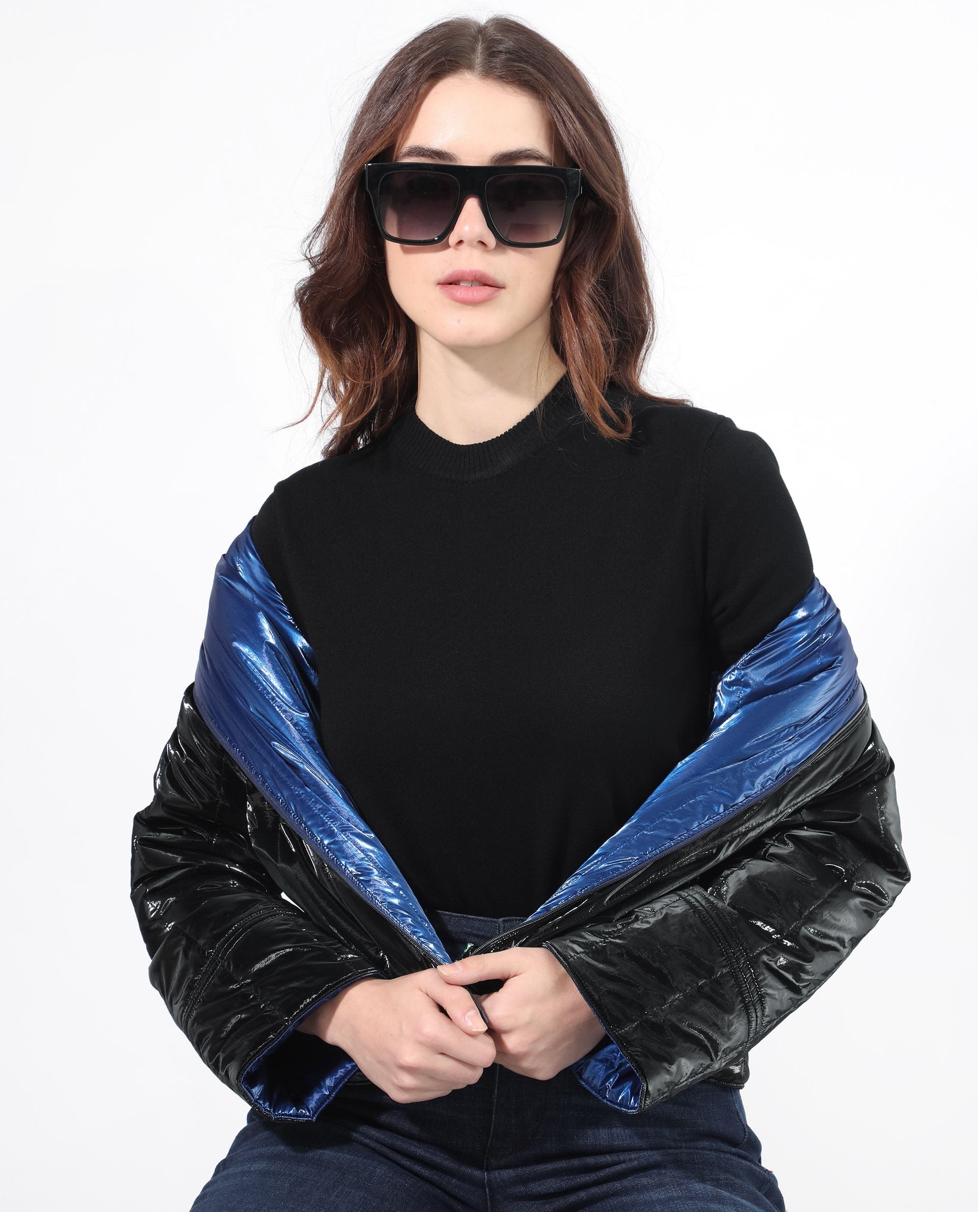 Rareism Women's Stein Navy Polyester Mandarin Collar Plain Regular Fit Jacket