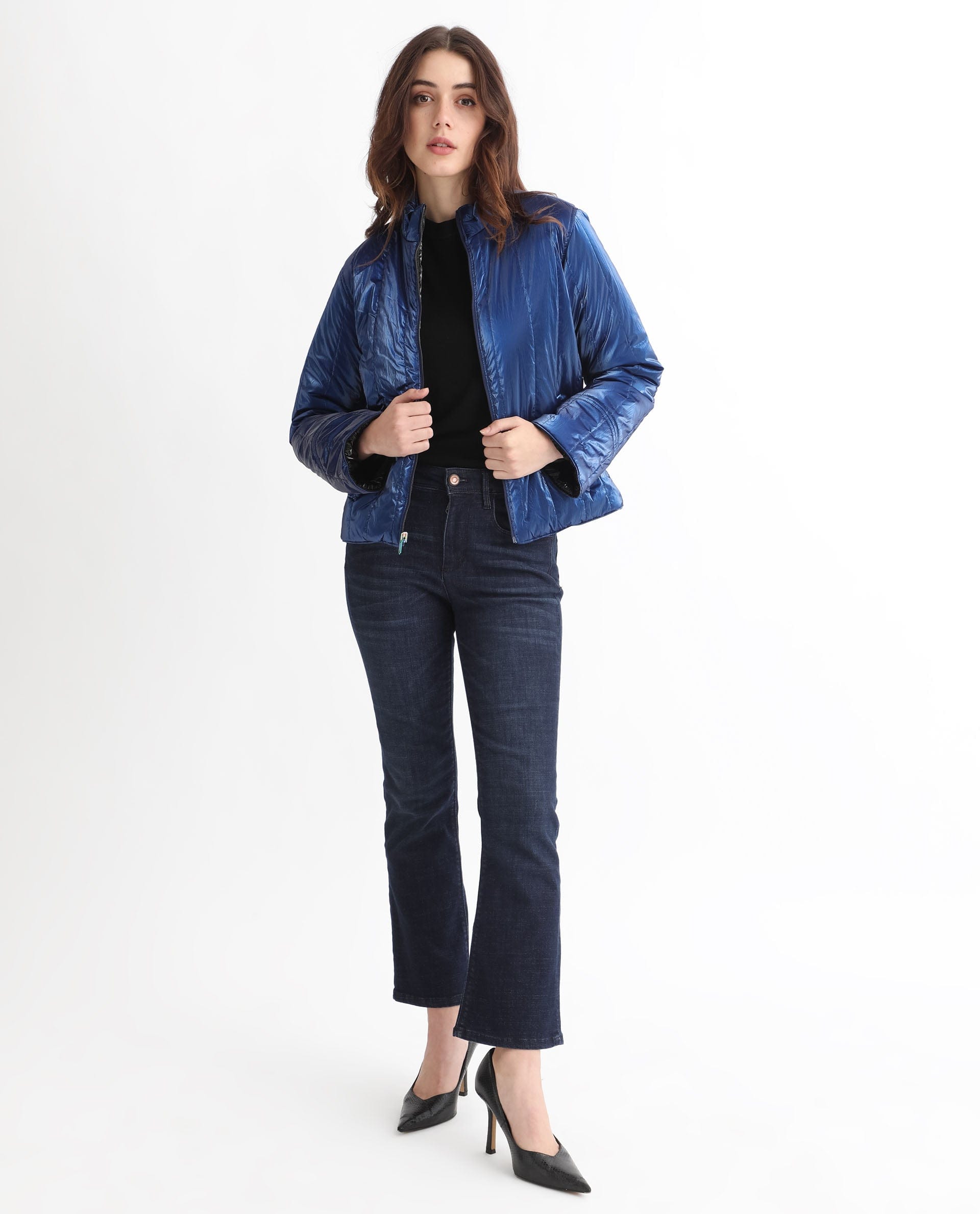 Rareism Women's Stein Navy Polyester Mandarin Collar Plain Regular Fit Jacket