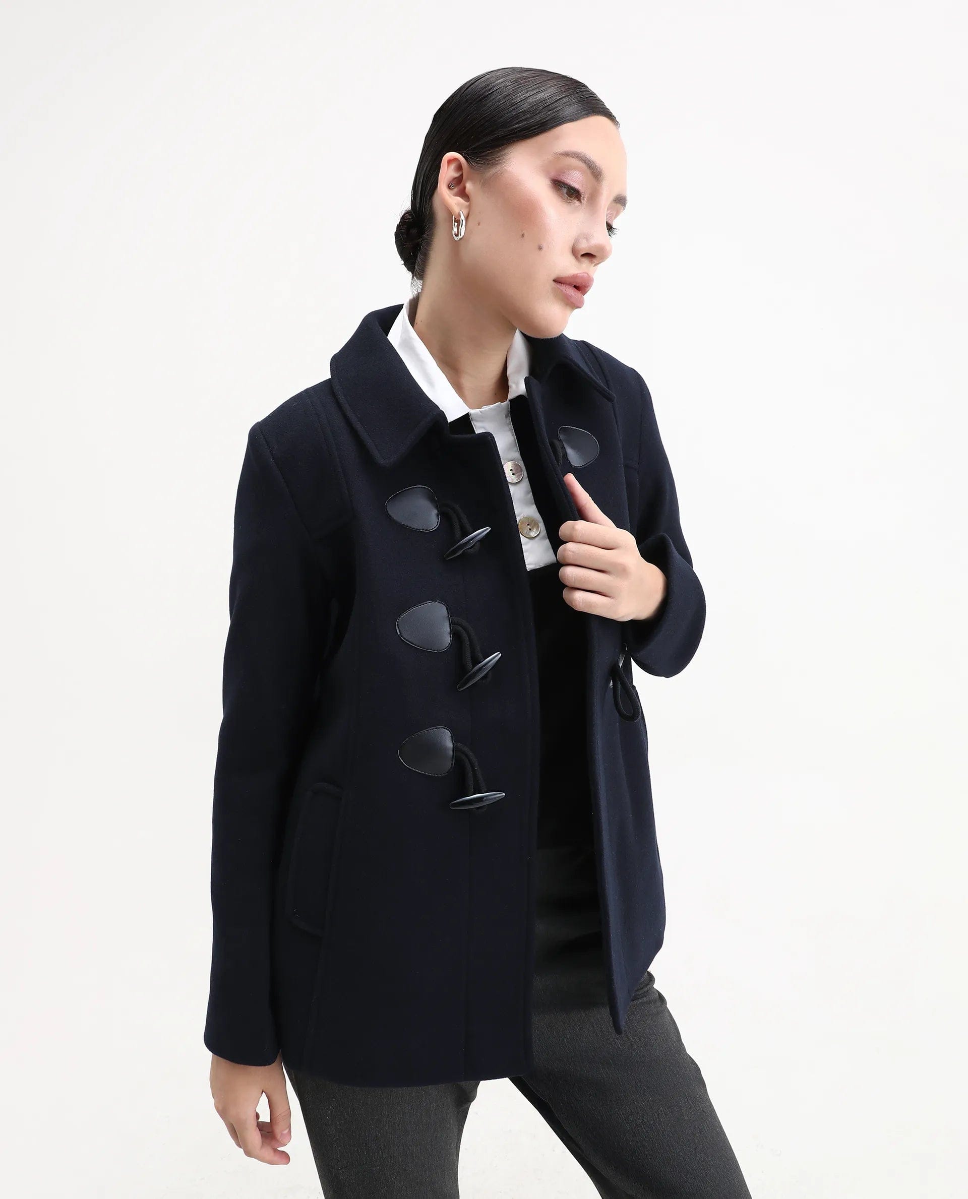 Rareism Women's Viaro Navy Polyester Collared Neck Regular Fit Plain Jacket