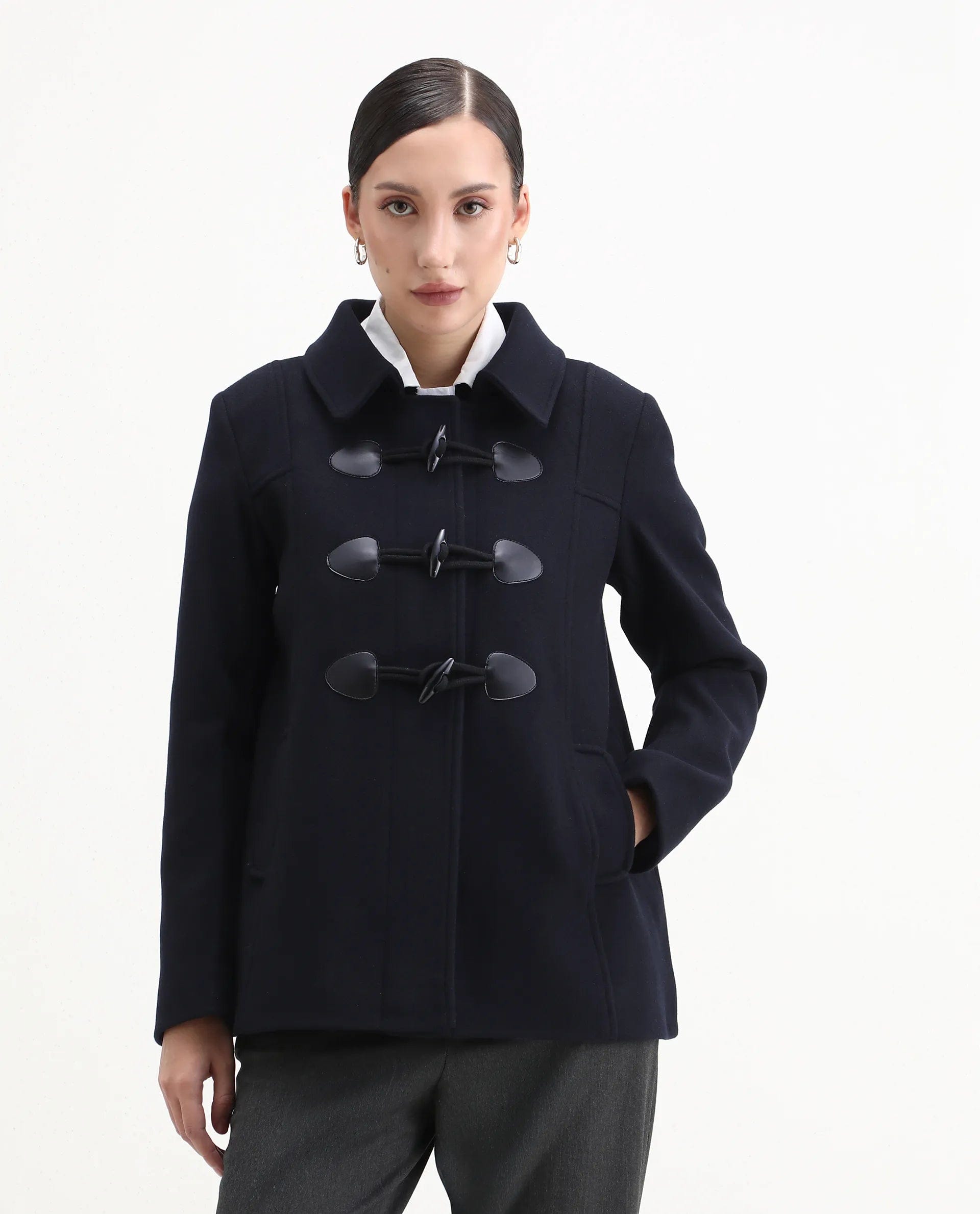 Rareism Women's Viaro Navy Polyester Collared Neck Regular Fit Plain Jacket