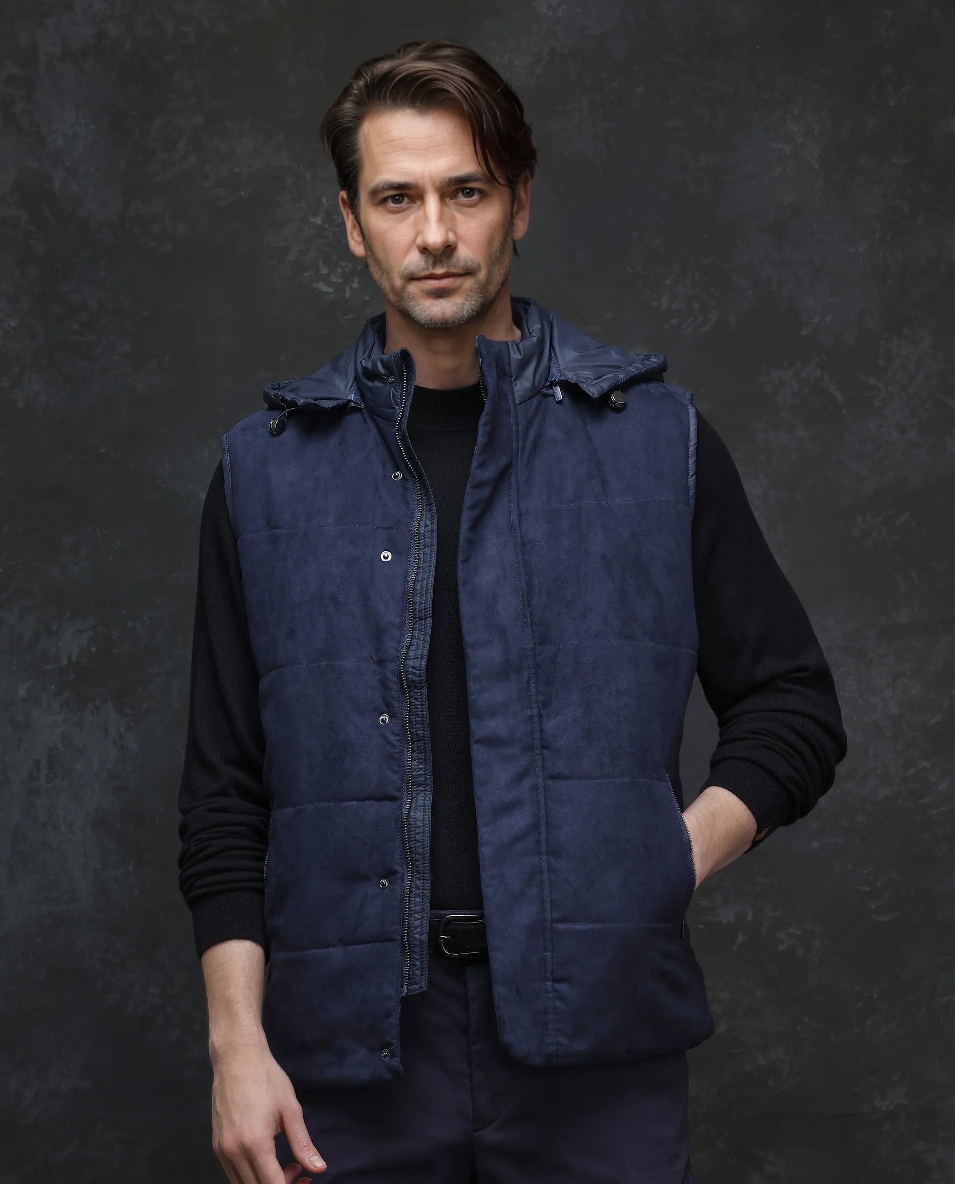 RARE Rabbit Men's Raldo - 2 Navy Polyester Plain Regular Fit Sleeveless High Neck Jacket