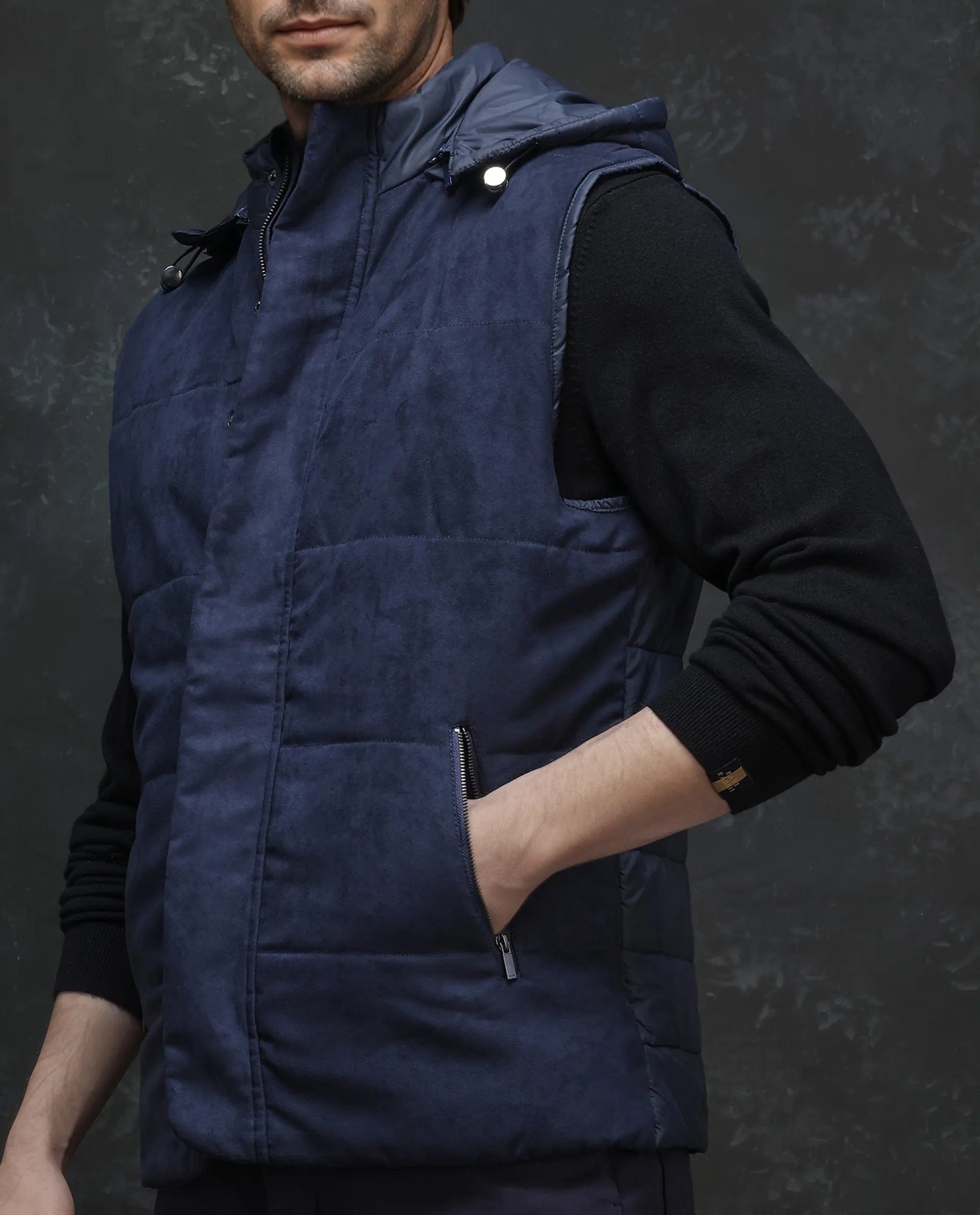RARE Rabbit Men's Raldo - 2 Navy Polyester Plain Regular Fit Sleeveless High Neck Jacket