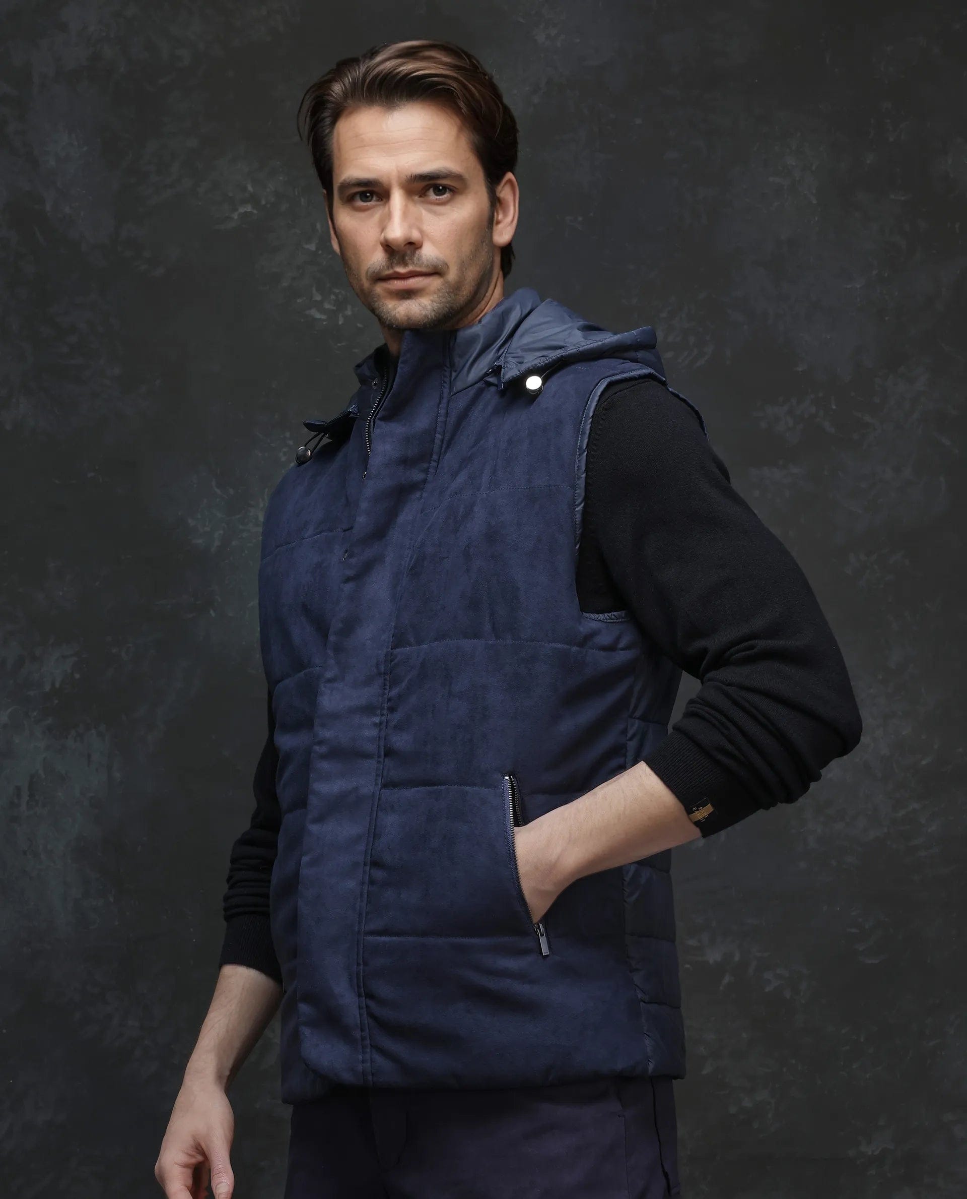 RARE Rabbit Men's Raldo - 2 Navy Polyester Plain Regular Fit Sleeveless High Neck Jacket