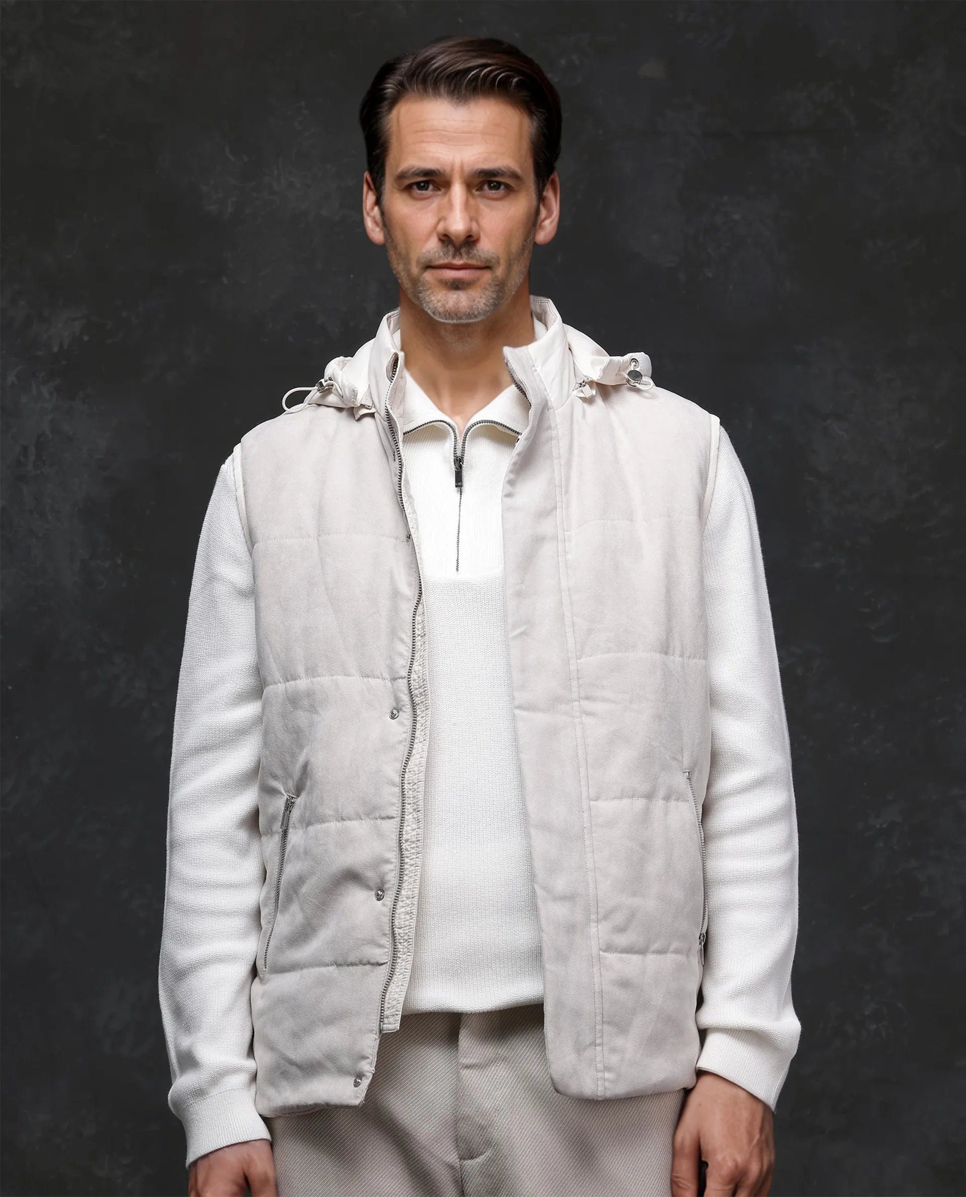 RARE Rabbit Men's Raldo - 2 Off White Polyester Plain Regular Fit Sleeveless High Neck Jacket