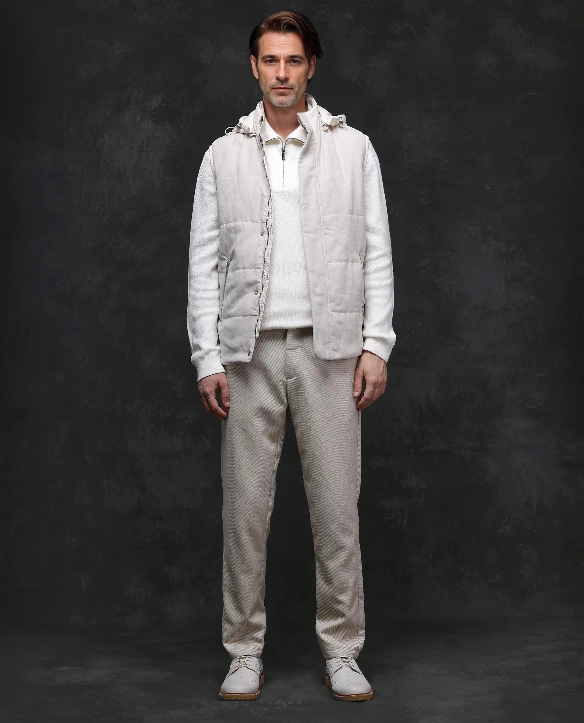 RARE Rabbit Men's Raldo - 2 Off White Polyester Plain Regular Fit Sleeveless High Neck Jacket