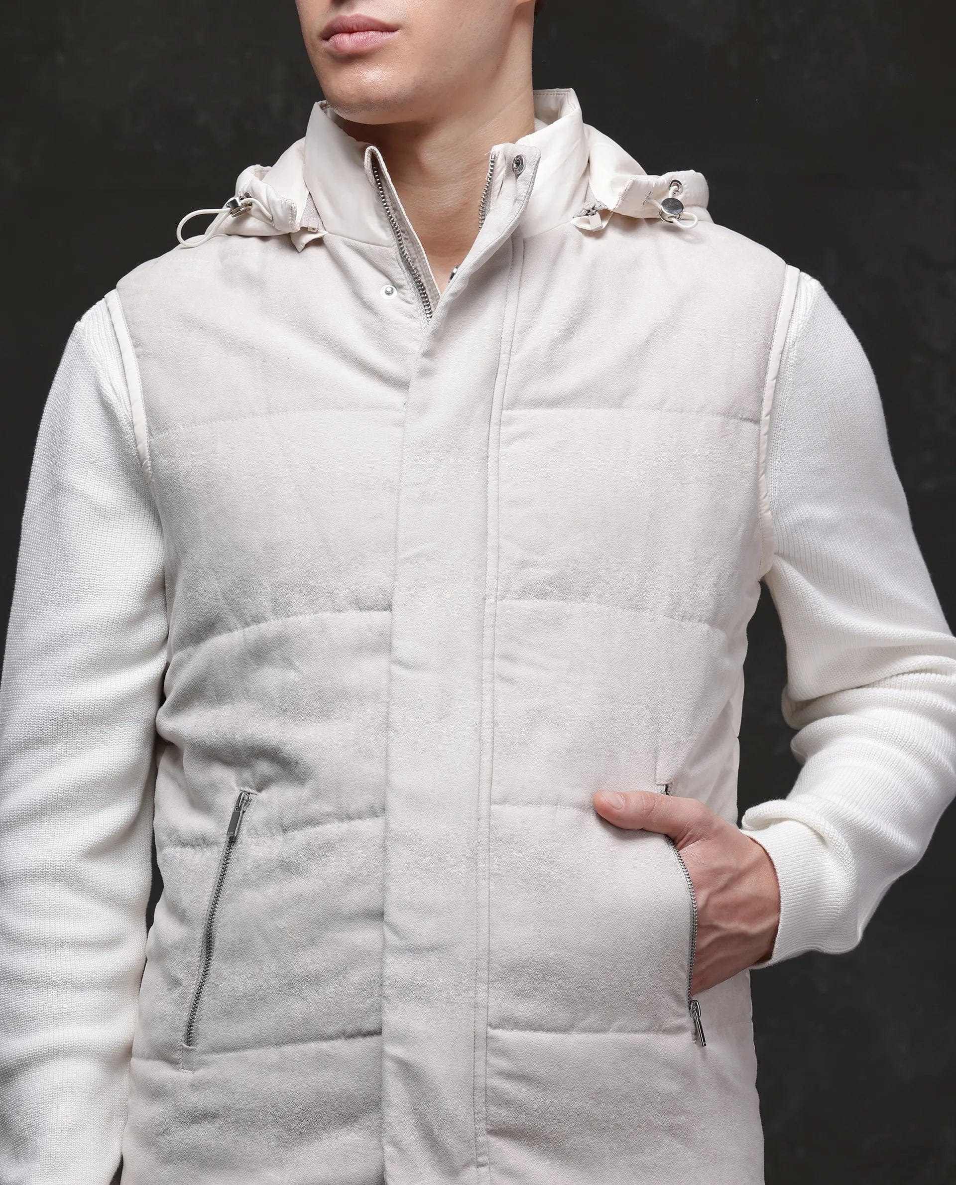 RARE Rabbit Men's Raldo - 2 Off White Polyester Plain Regular Fit Sleeveless High Neck Jacket