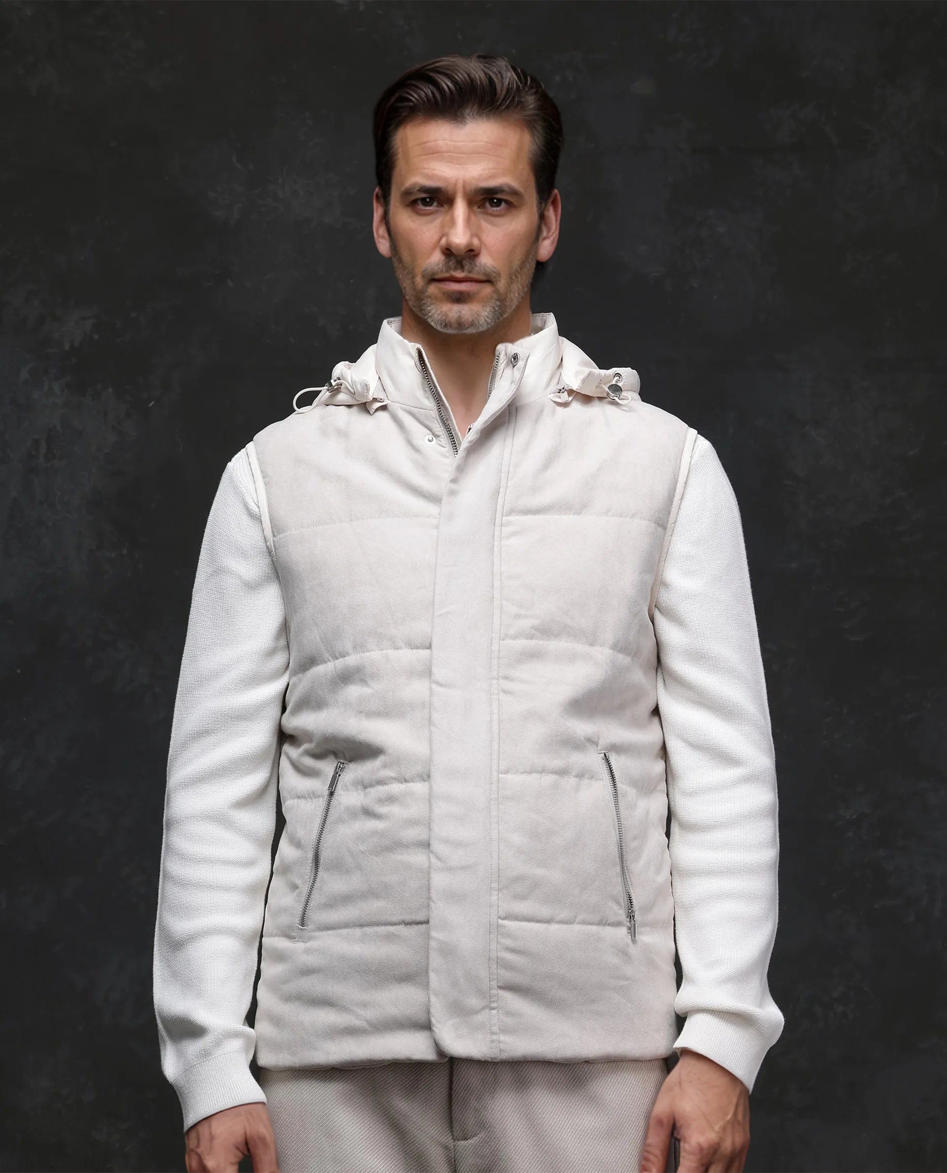 RARE Rabbit Men's Raldo - 2 Off White Polyester Plain Regular Fit Sleeveless High Neck Jacket