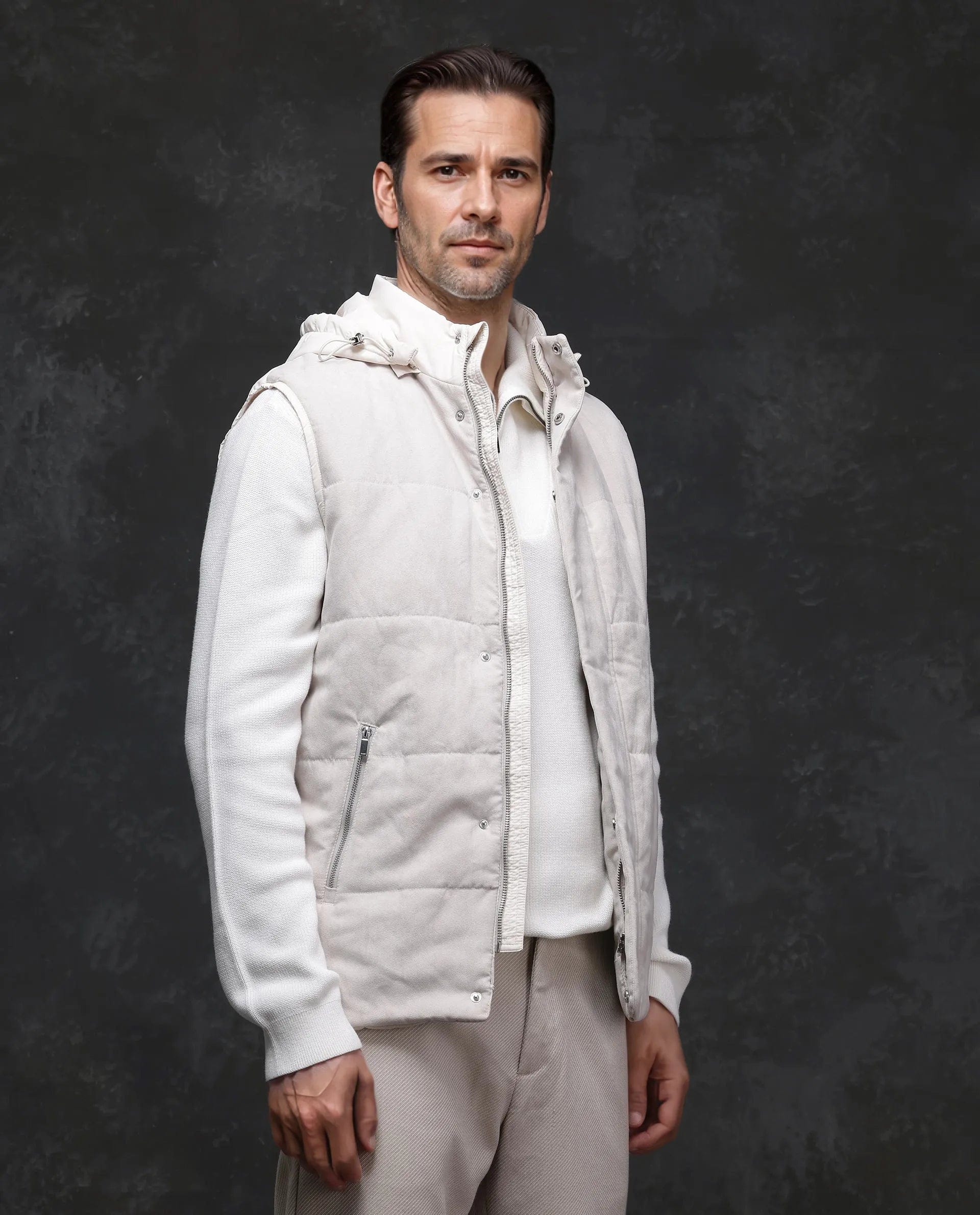 RARE Rabbit Men's Raldo - 2 Off White Polyester Plain Regular Fit Sleeveless High Neck Jacket