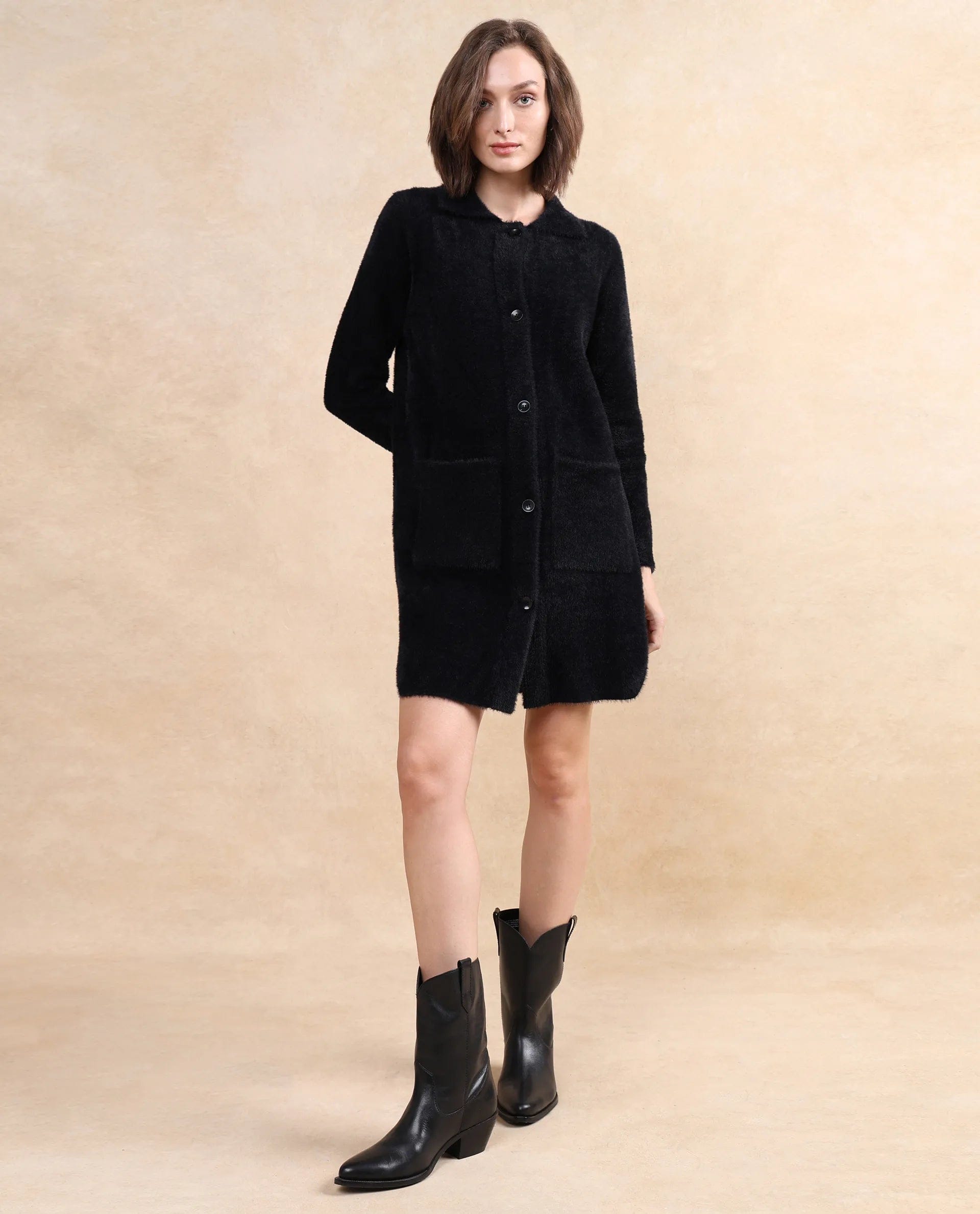 Rareism Women's Nylon Drop Collar Plain Cuffed Sleeve Knee Length Regular Fit Jacket