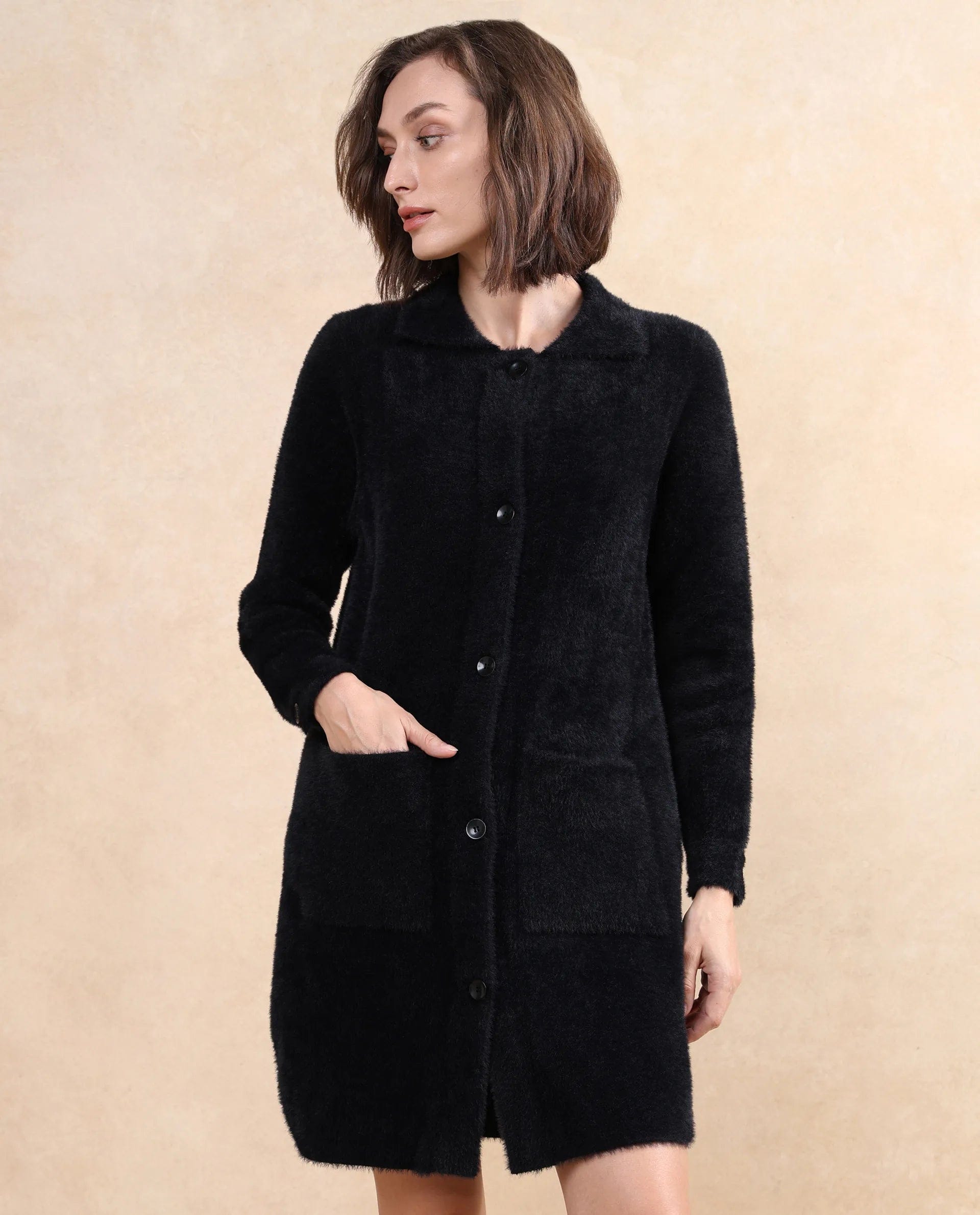 Rareism Women's Nylon Drop Collar Plain Cuffed Sleeve Knee Length Regular Fit Jacket