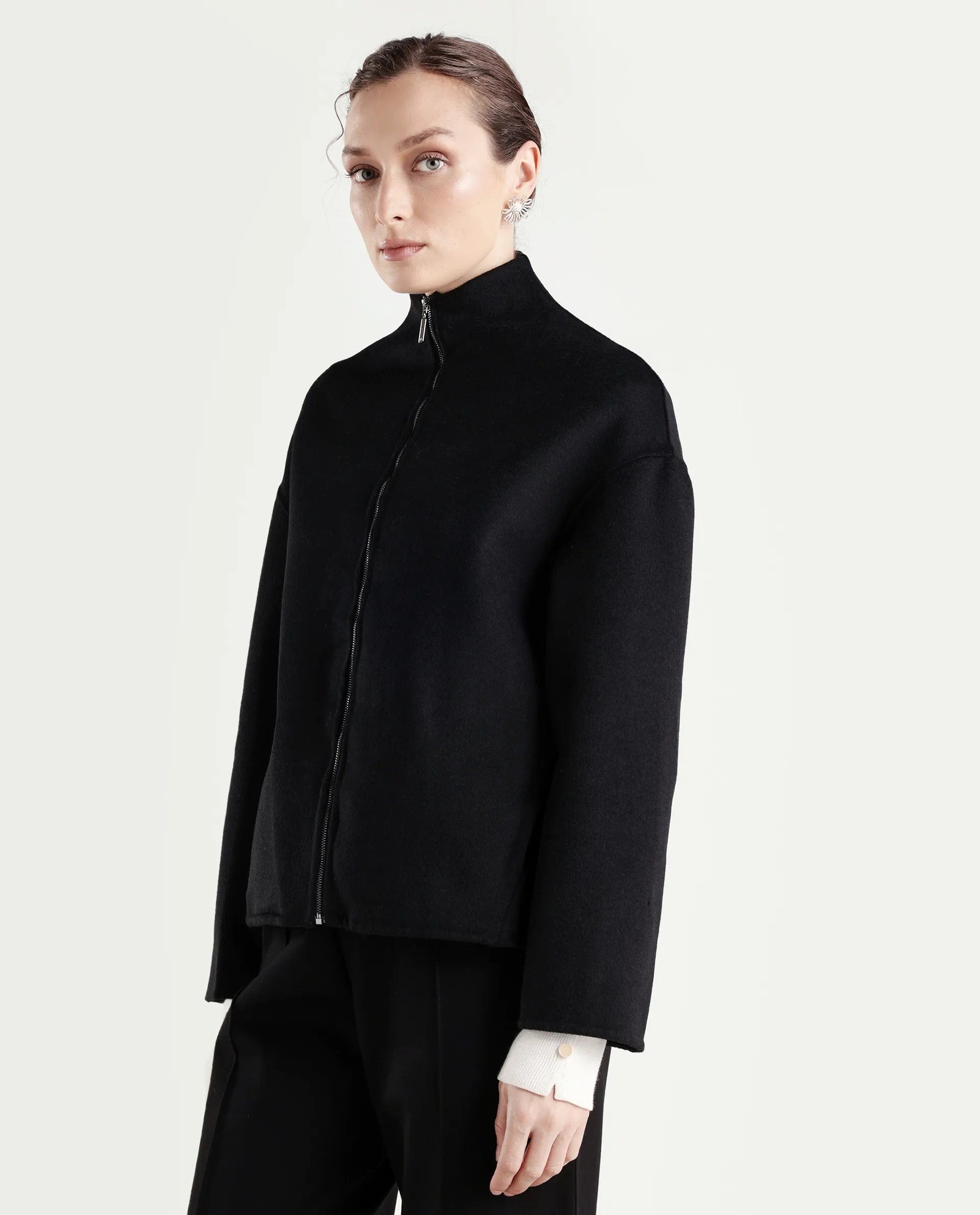 Rareism Women's Newool Black Polyester Blend High Neck Regular Fit Jacket