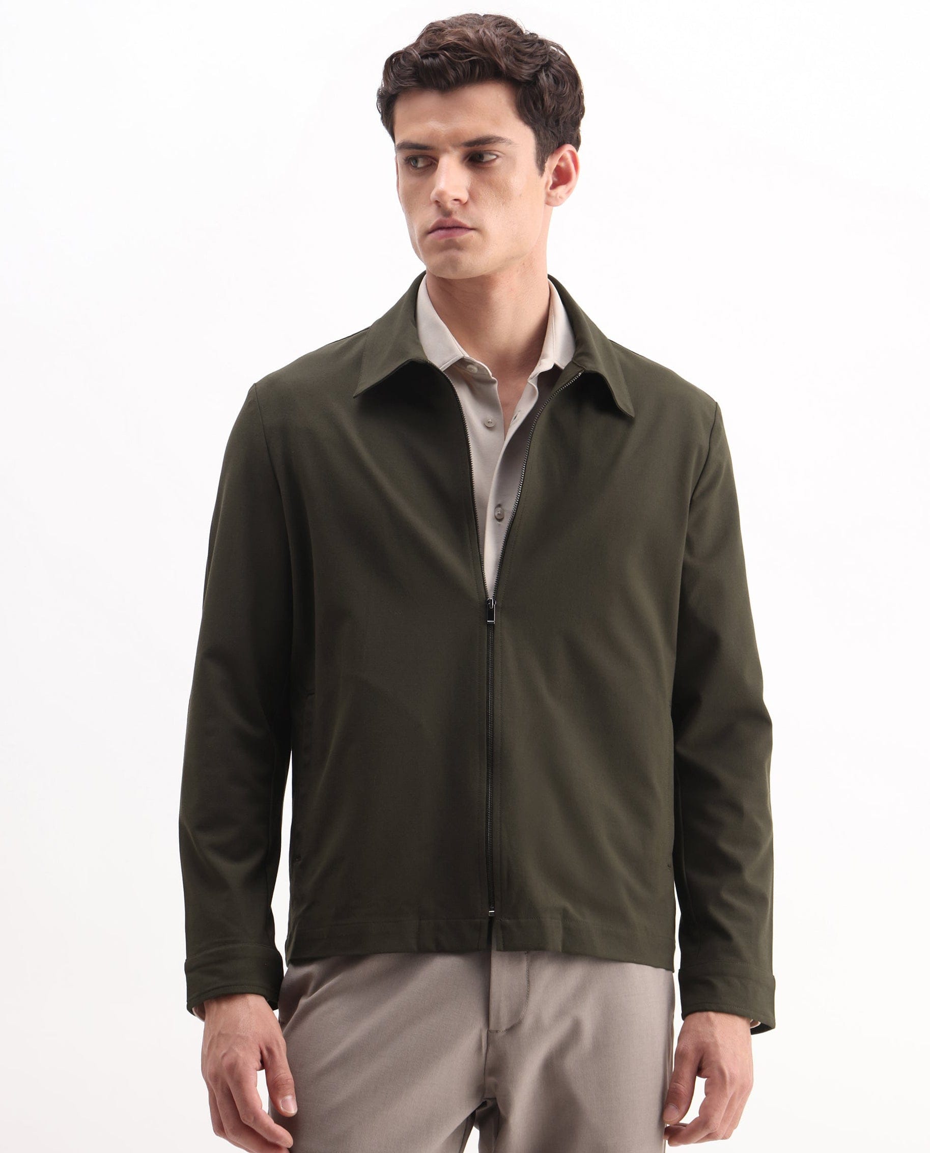 RARE Rabbit Men's Juan - 25 Olive Polyester Blend Plain Regular Fit Full Sleeve Collared Jacket