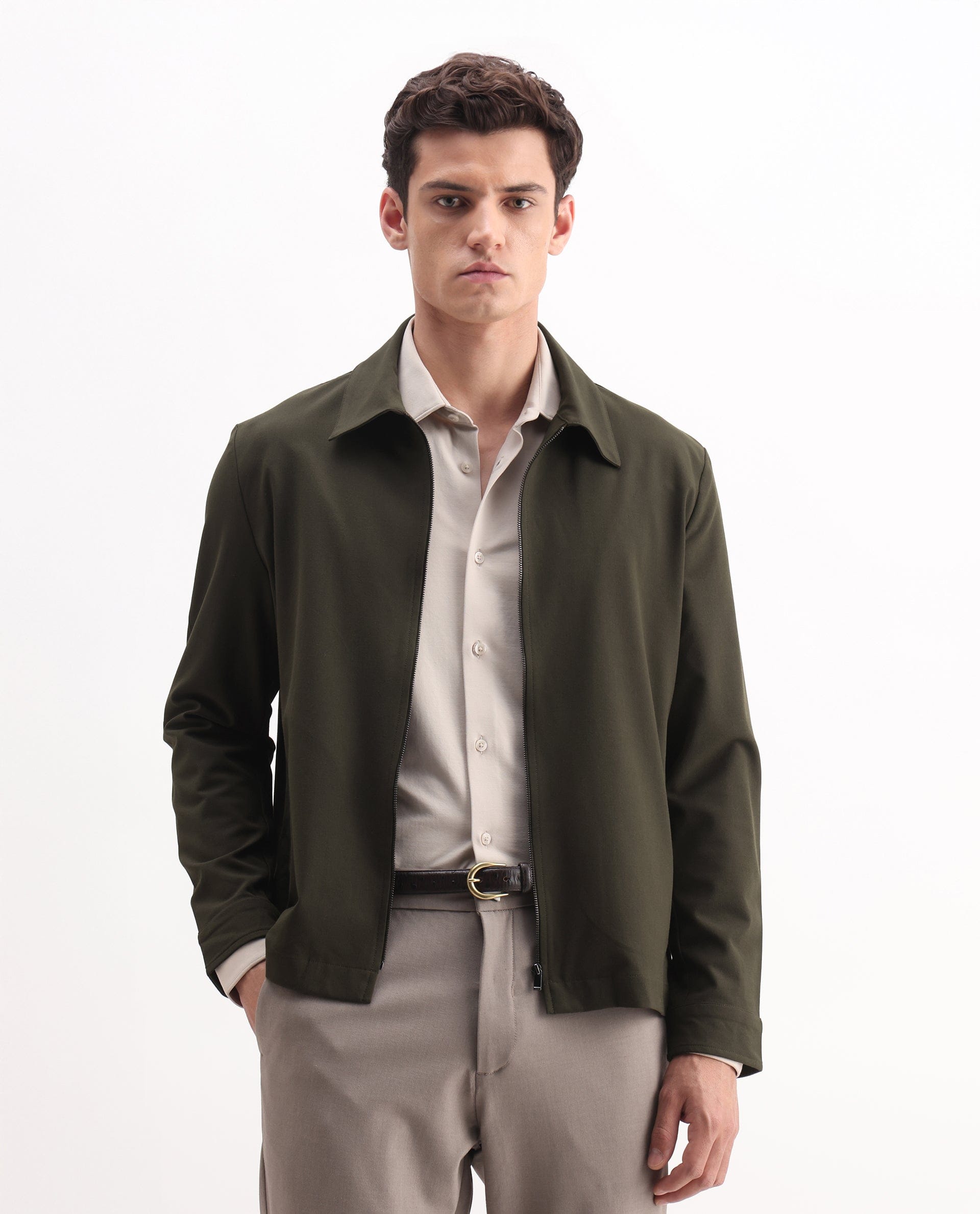RARE Rabbit Men's Juan - 25 Olive Polyester Blend Plain Regular Fit Full Sleeve Collared Jacket