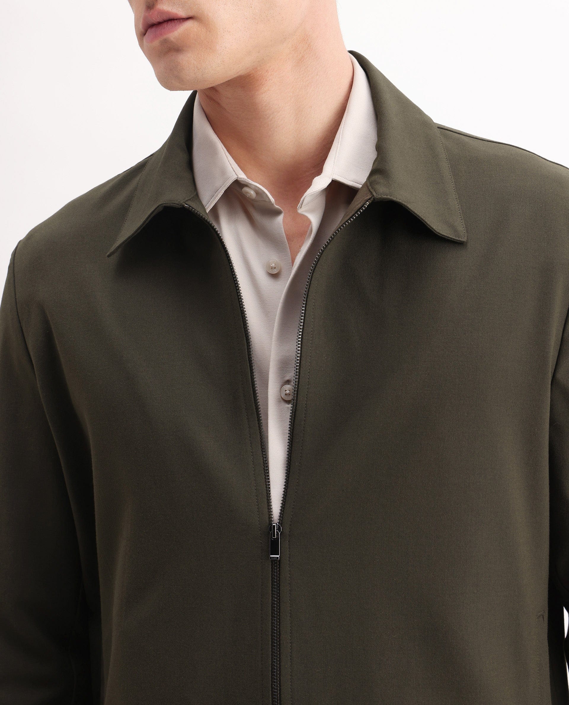 RARE Rabbit Men's Juan - 25 Olive Polyester Blend Plain Regular Fit Full Sleeve Collared Jacket