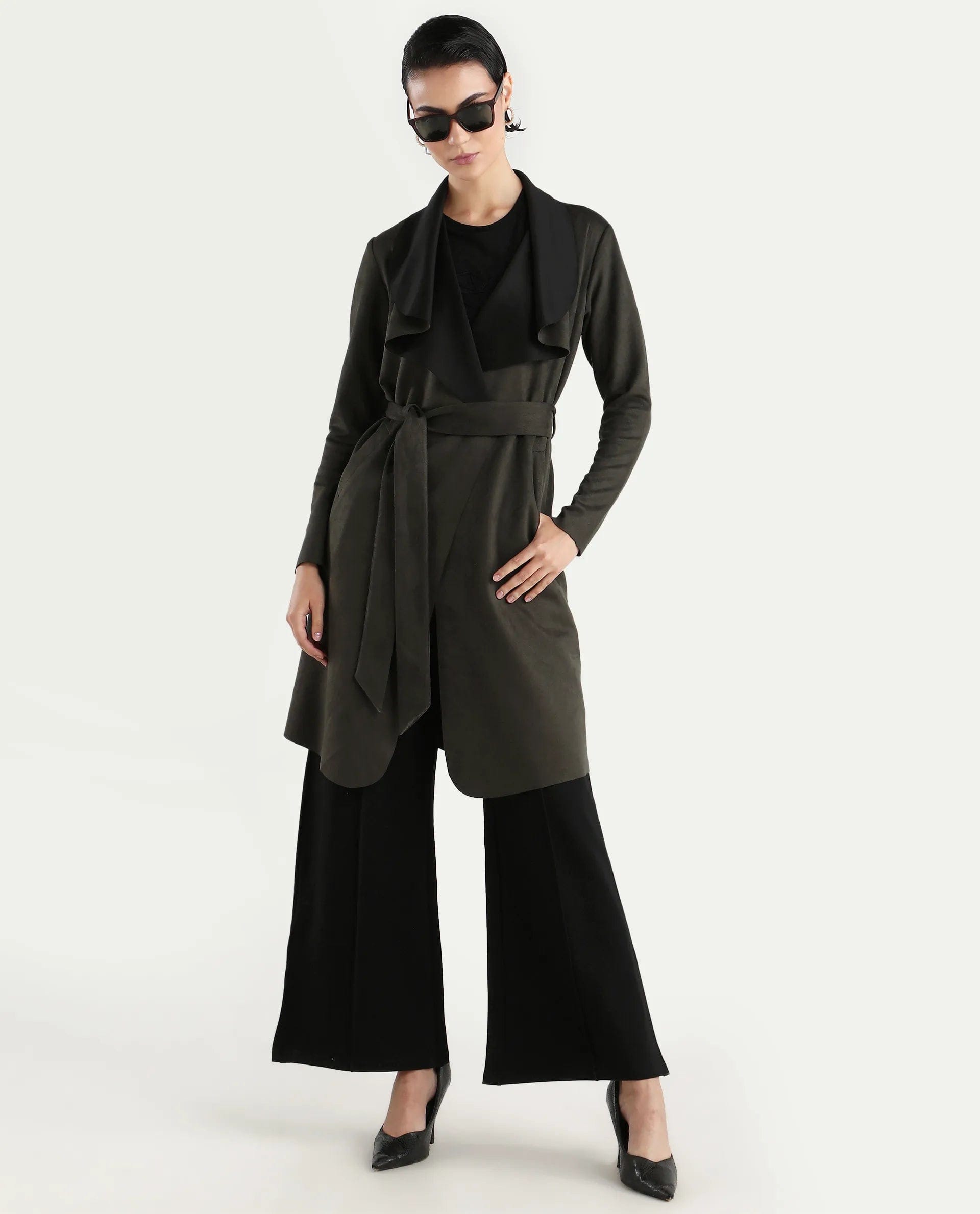 Rareism Women's Palmer 2 Olive Polyester Blend Waterfall Neck Plain Midi Boxy Fit Jacket