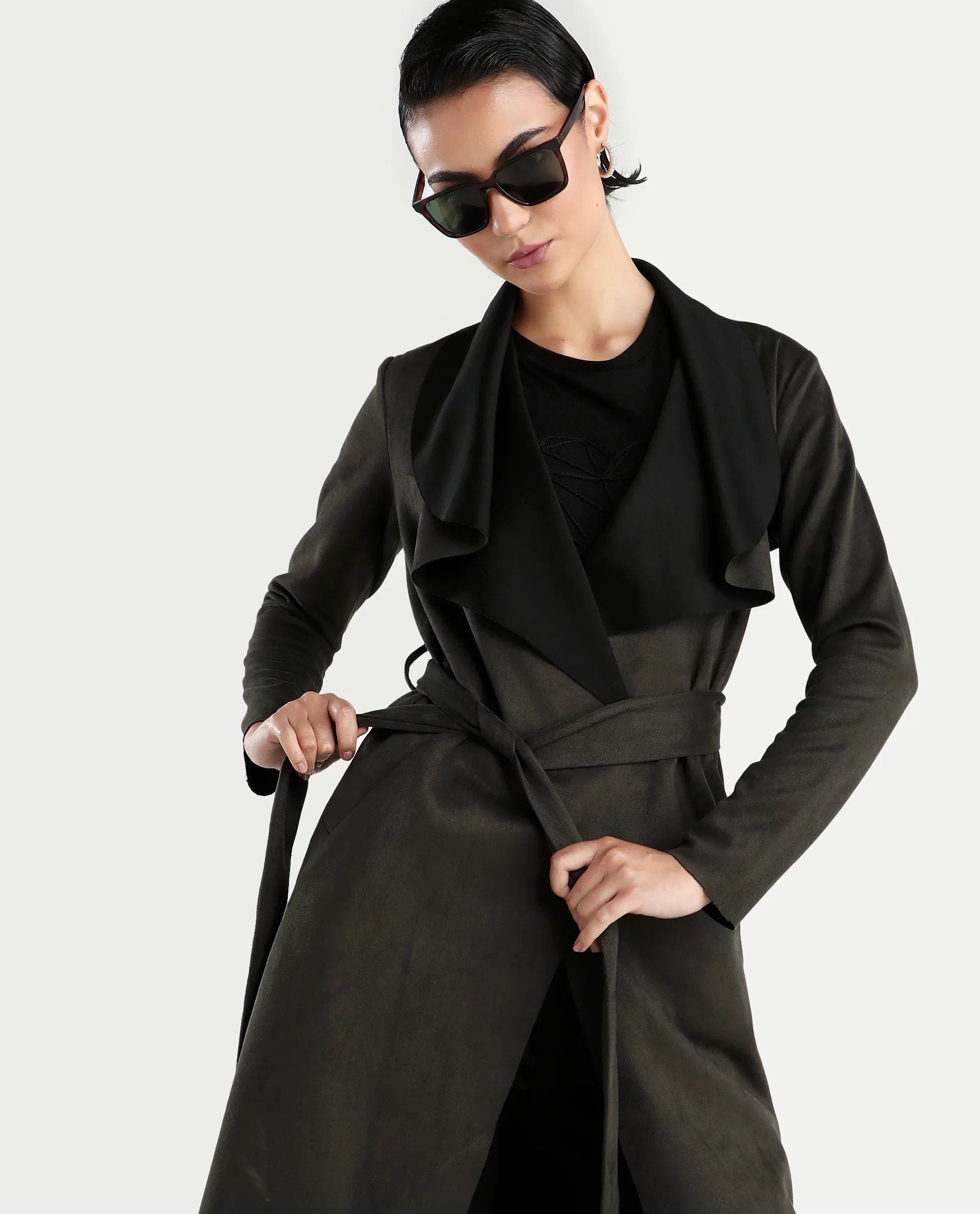 Rareism Women's Palmer 2 Olive Polyester Blend Waterfall Neck Plain Midi Boxy Fit Jacket