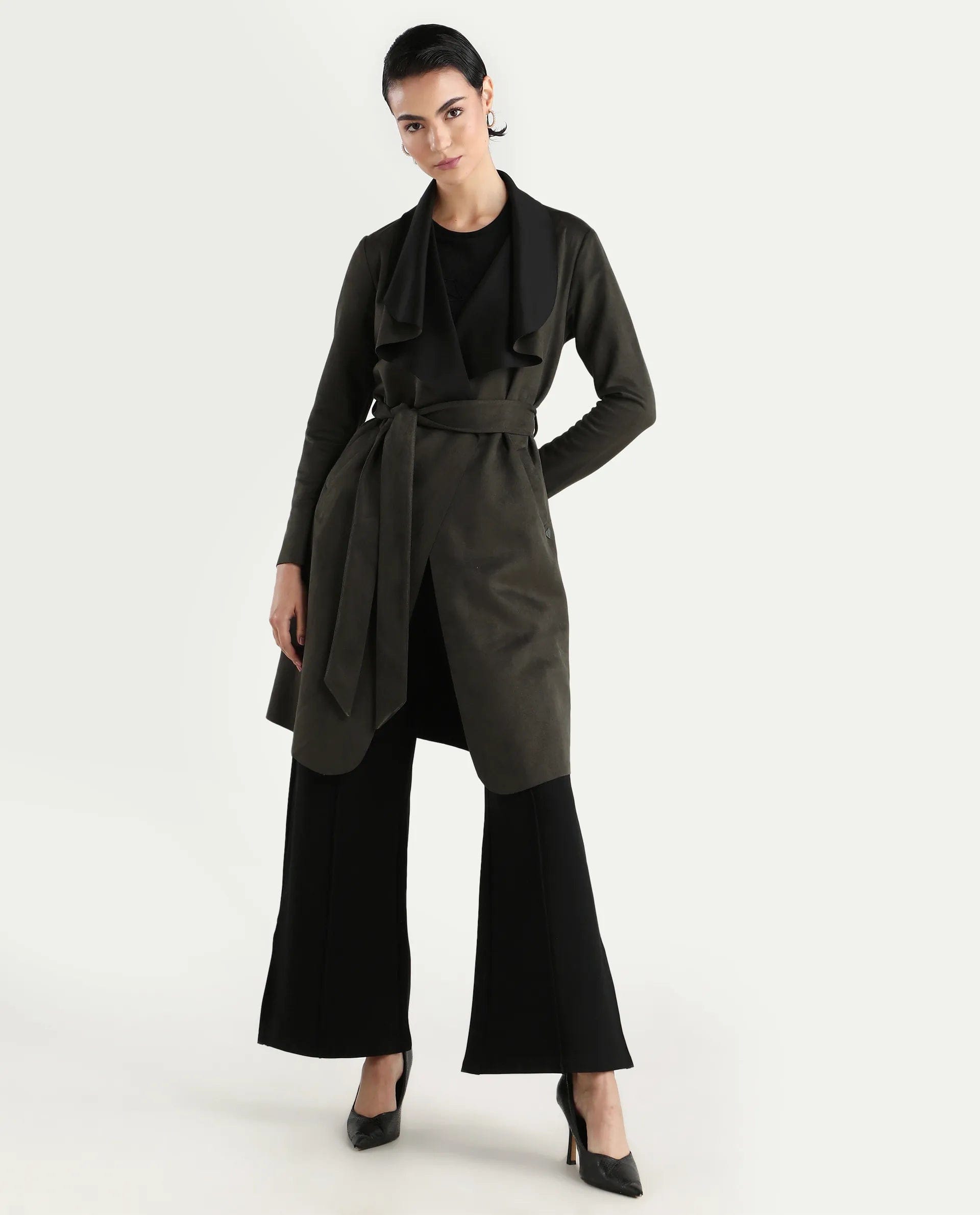 Rareism Women's Palmer 2 Olive Polyester Blend Waterfall Neck Plain Midi Boxy Fit Jacket