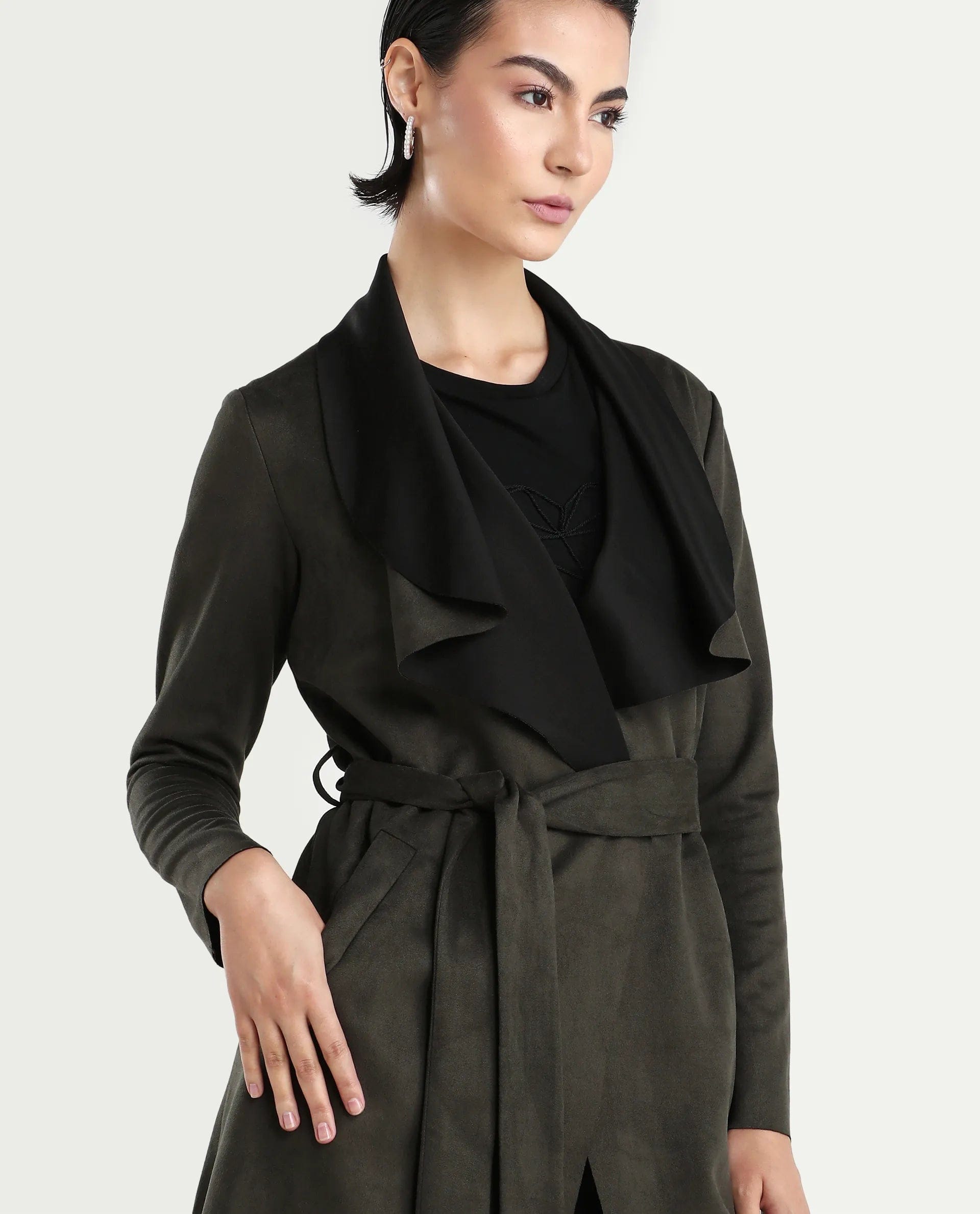 Rareism Women's Palmer 2 Olive Polyester Blend Waterfall Neck Plain Midi Boxy Fit Jacket