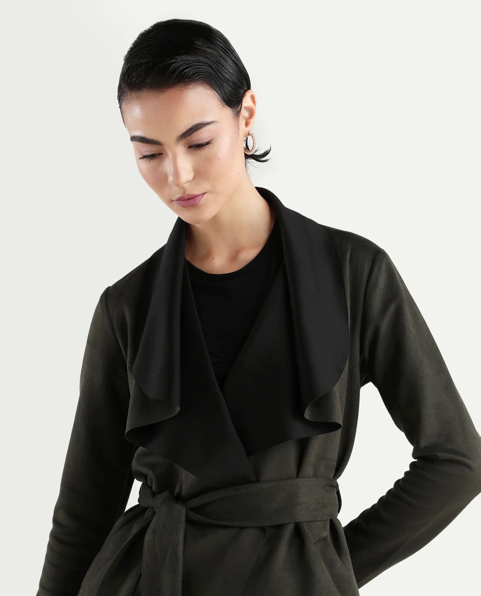 Rareism Women's Palmer 2 Olive Polyester Blend Waterfall Neck Plain Midi Boxy Fit Jacket