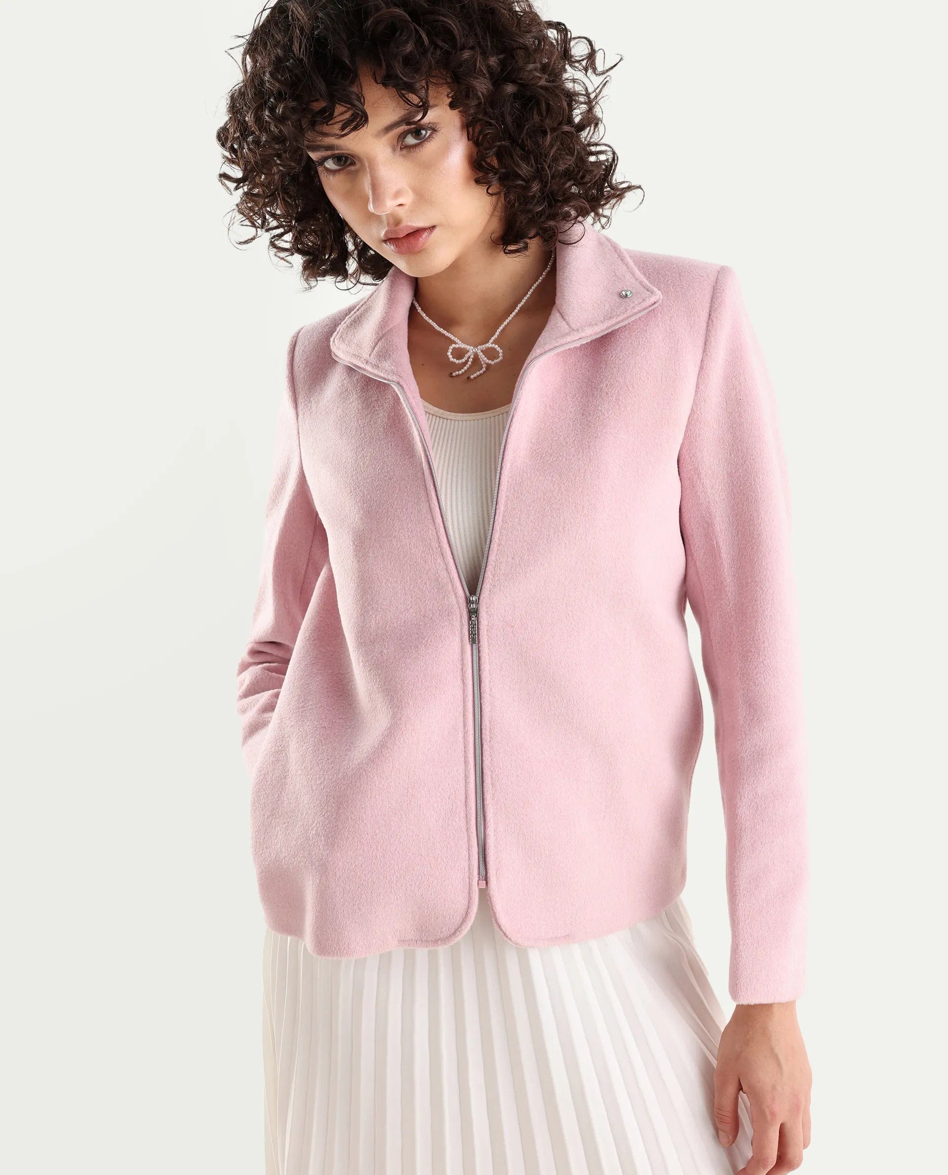 Rareism Women's Zympi Light Pink Stand Collar Plain Cuffed Sleeve Boxy Fit Jacket