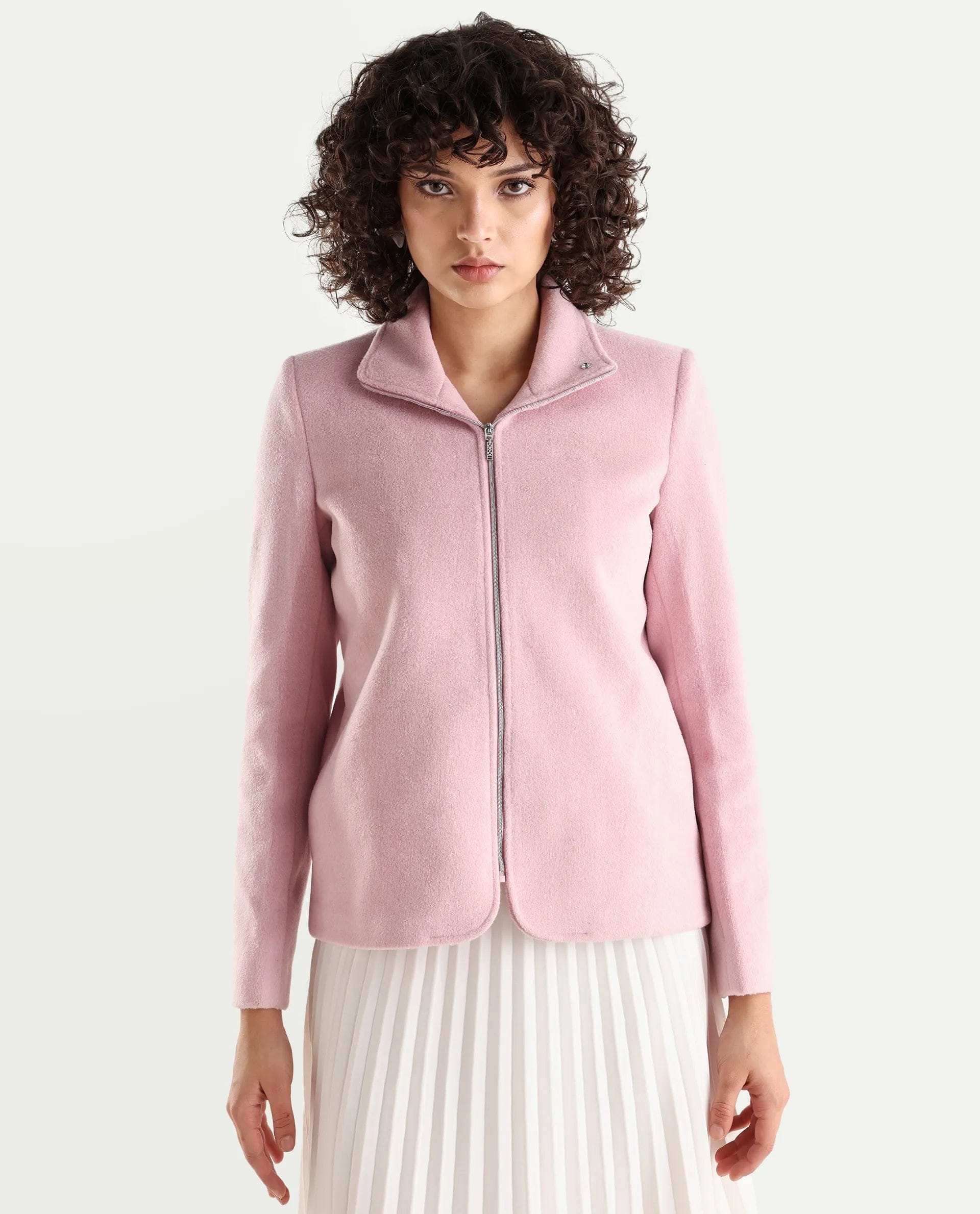 Rareism Women's Zympi Light Pink Stand Collar Plain Cuffed Sleeve Boxy Fit Jacket