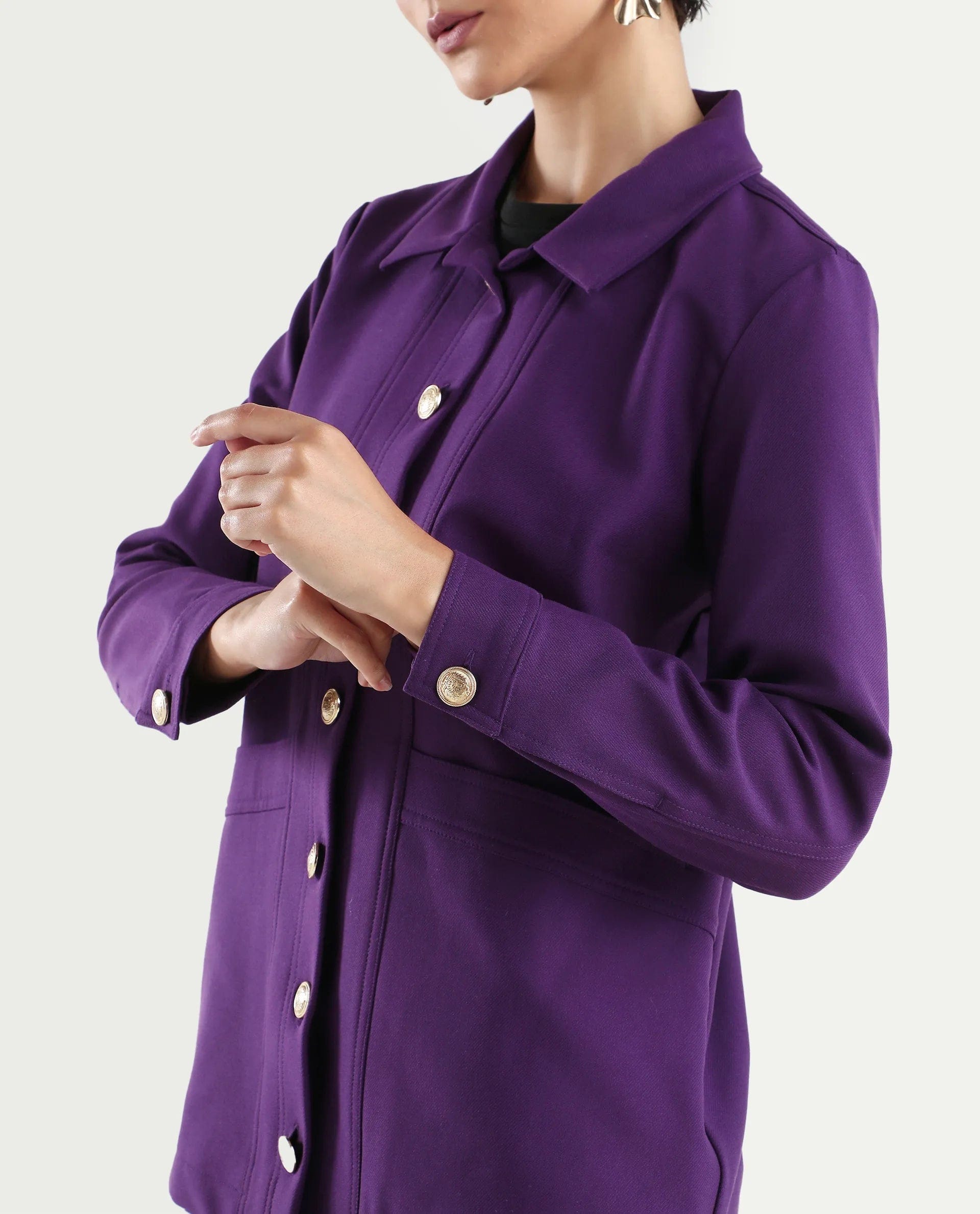 Rareism Women's Yeppon Purple Spread Collar Plain Cuffed Sleeve Hip Length Boxy Fit Jacket