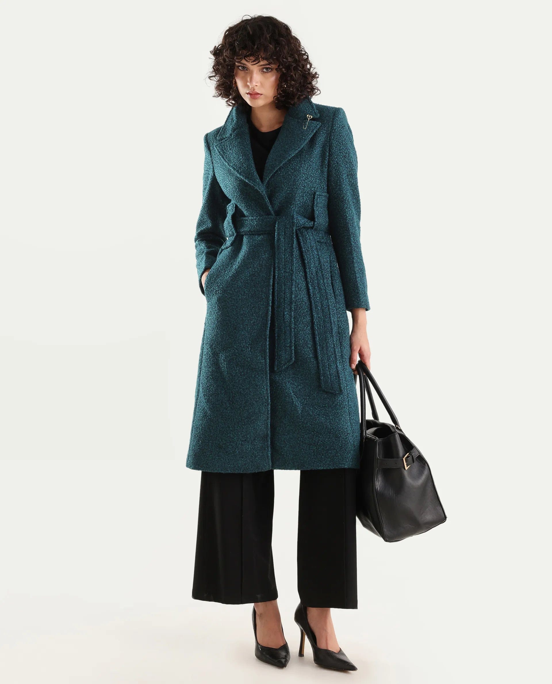 Rareism Women's Gisbor Teal Cotton Blend Lapel Neck Plain Midi Regular Fit Jacket