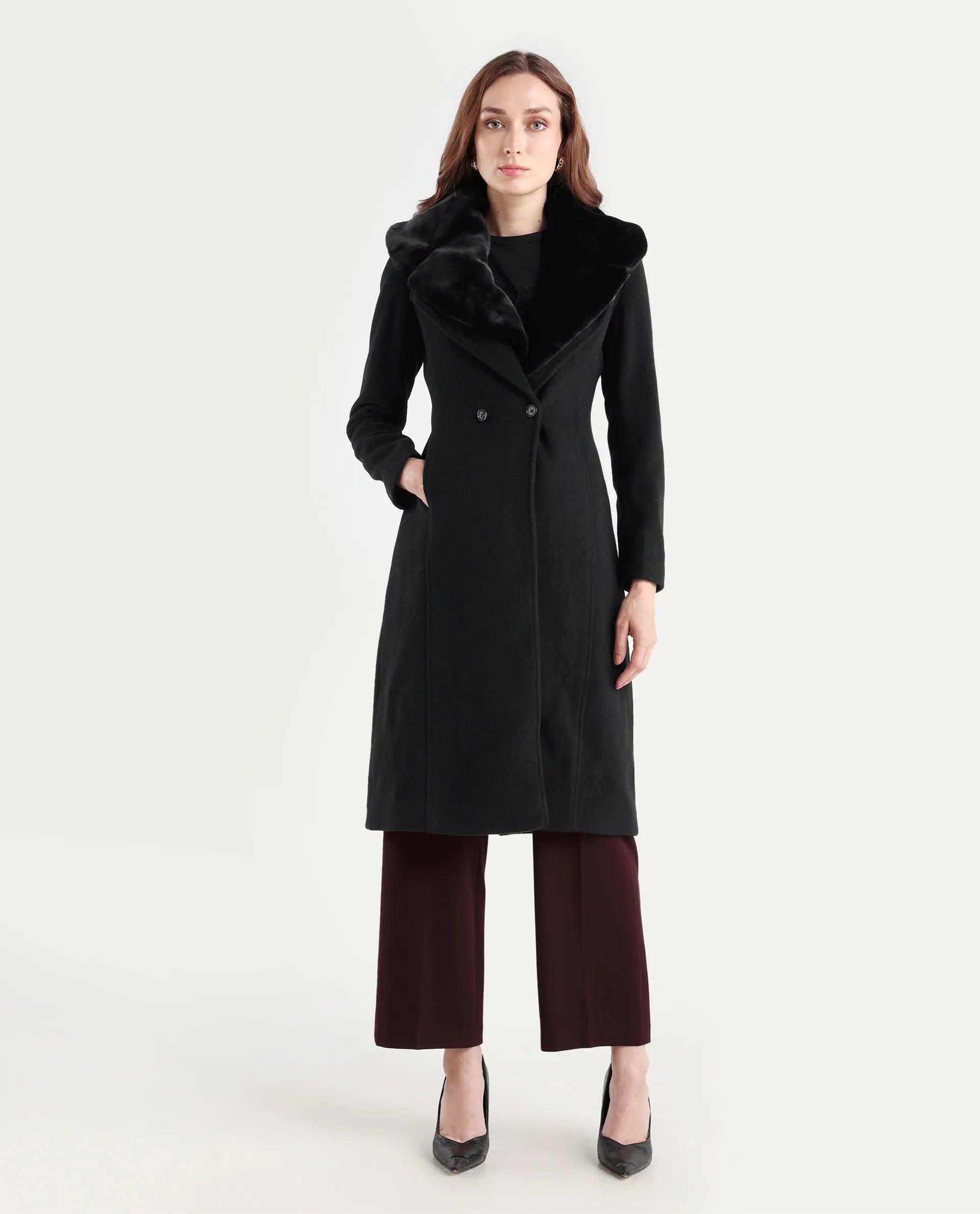 Rareism Women's Teich 1 Black Lapel Neck Plain Midi Regular Fit Jacket