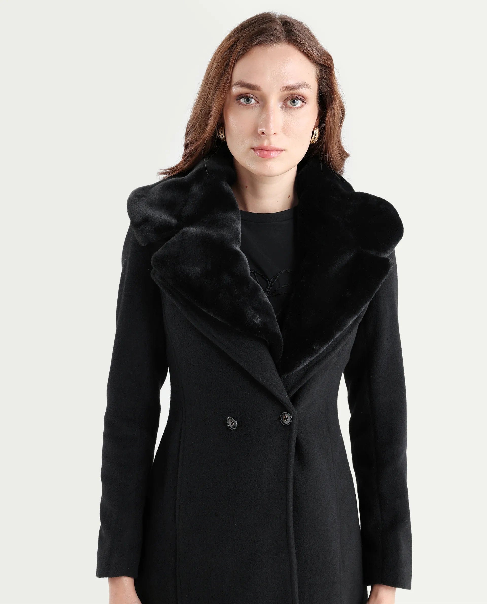 Rareism Women's Teich 1 Black Lapel Neck Plain Midi Regular Fit Jacket