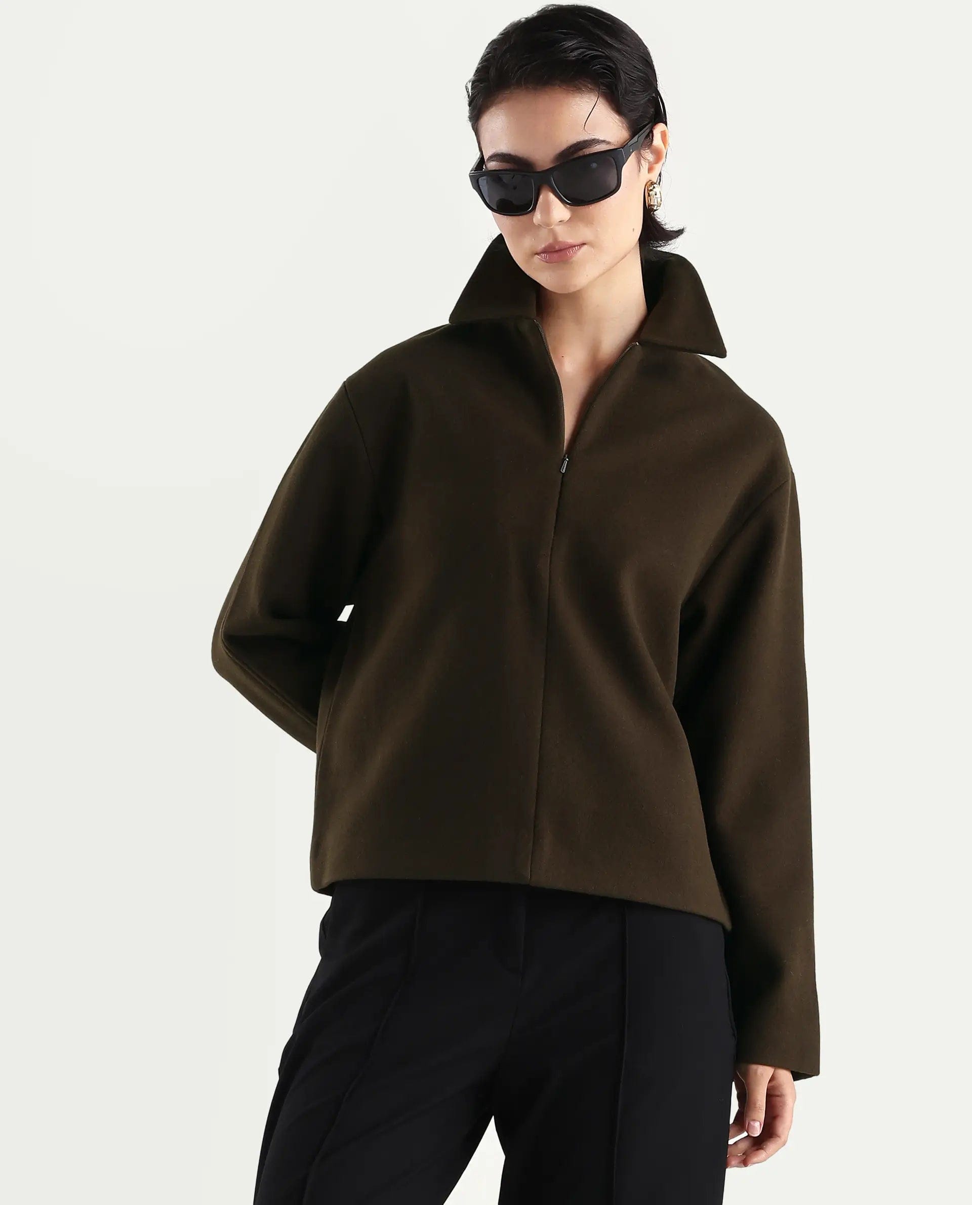 Rareism Women's Nacoz Olive Polyester Blend Spread Collar Regular Fit Jacket